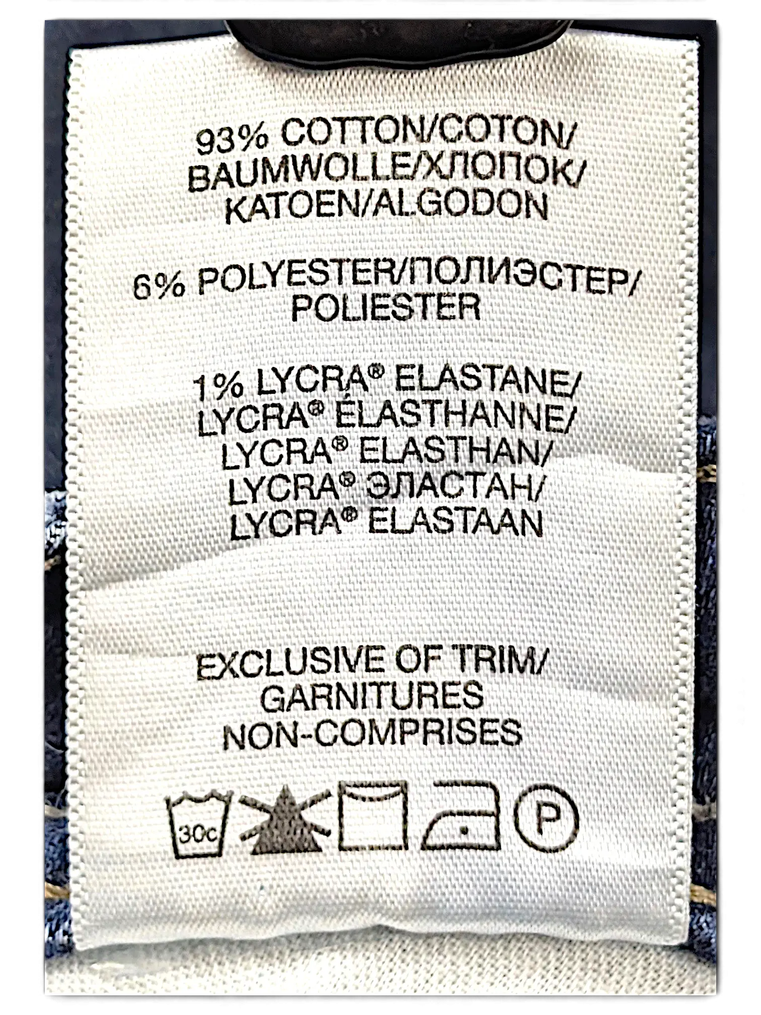 JAKE & IPI Silver Jeans Co Elyse slim boot jeans fabric care label showing cotton, polyester, and lycra blend