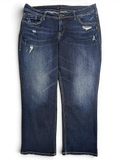JAKE & IPI Silver Jeans Co. Suki dark wash denim capri pants with distressed detailing and contrast stitching.