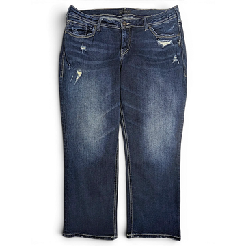 JAKE & IPI Silver Jeans Co. Suki tummapesuiset capri-housut kulutetuilla yksityiskohdilla ja kontrastitikkauksilla.