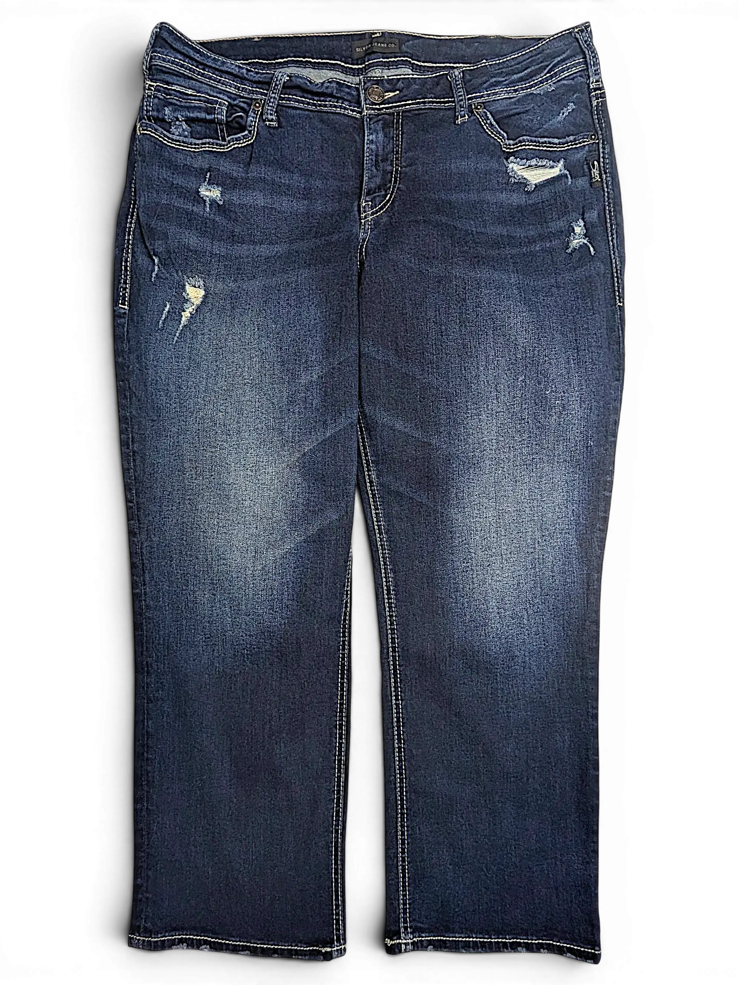 JAKE & IPI Silver Jeans Co. Suki dark wash denim capri pants with distressed detailing and contrast stitching.
