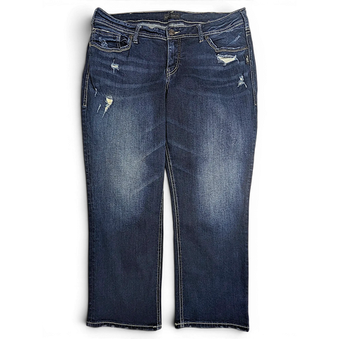 JAKE & IPI Silver Jeans Co. Suki tummapesuiset capri-housut kulutetuilla yksityiskohdilla ja kontrastitikkauksilla.