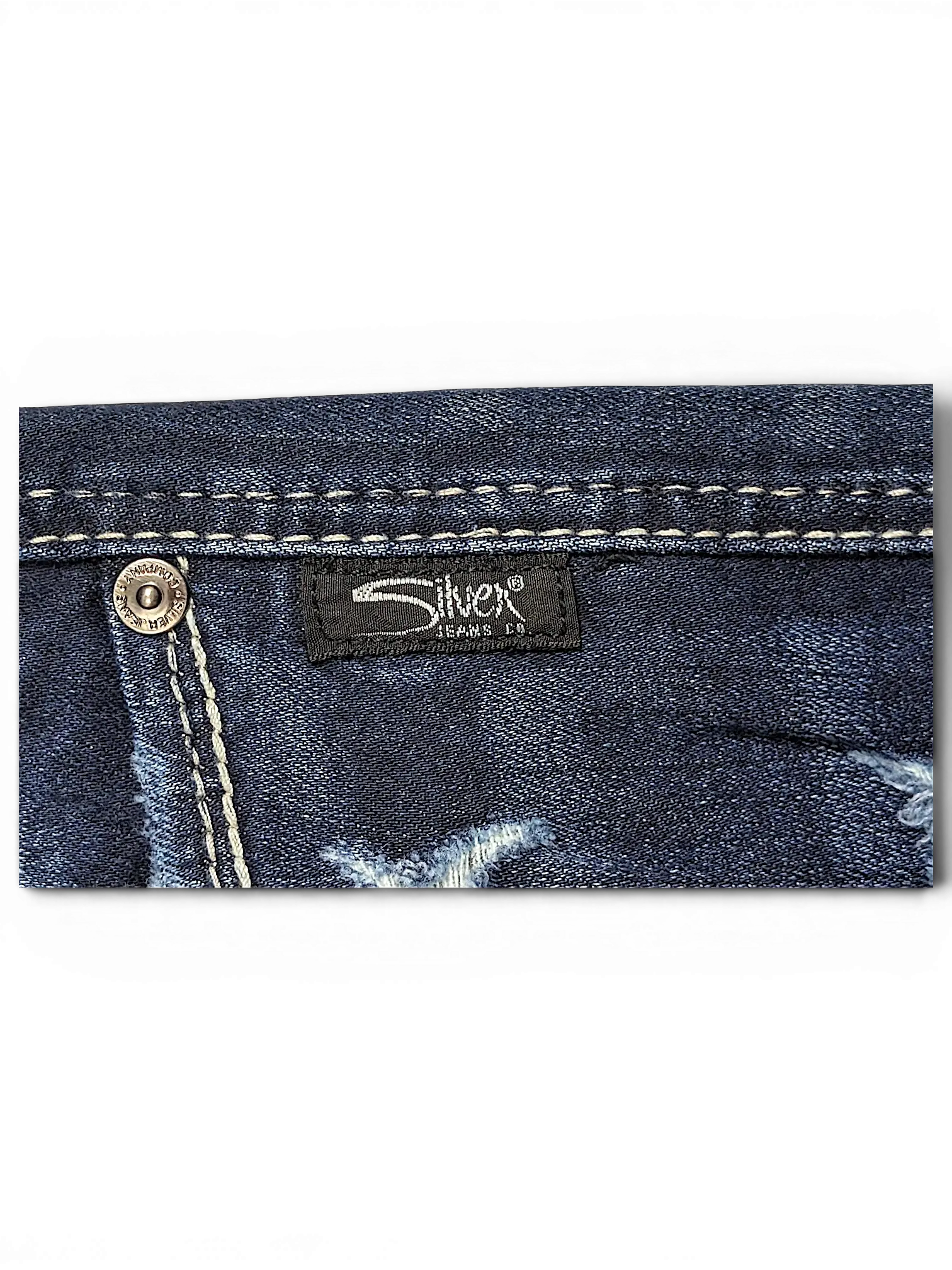 JAKE & IPI Silver Jeans Co. Suki Capri denim detail with contrast stitching and branded fabric label