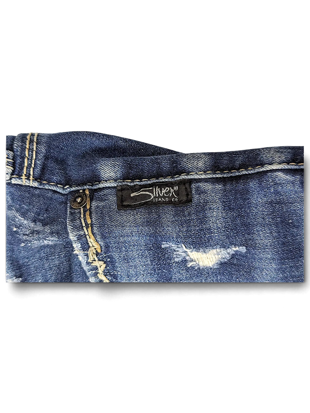 JAKE & IPI Silver Jeans Co Elyse slim boot jeans featuring blue denim fabric with distressed details and logo tag