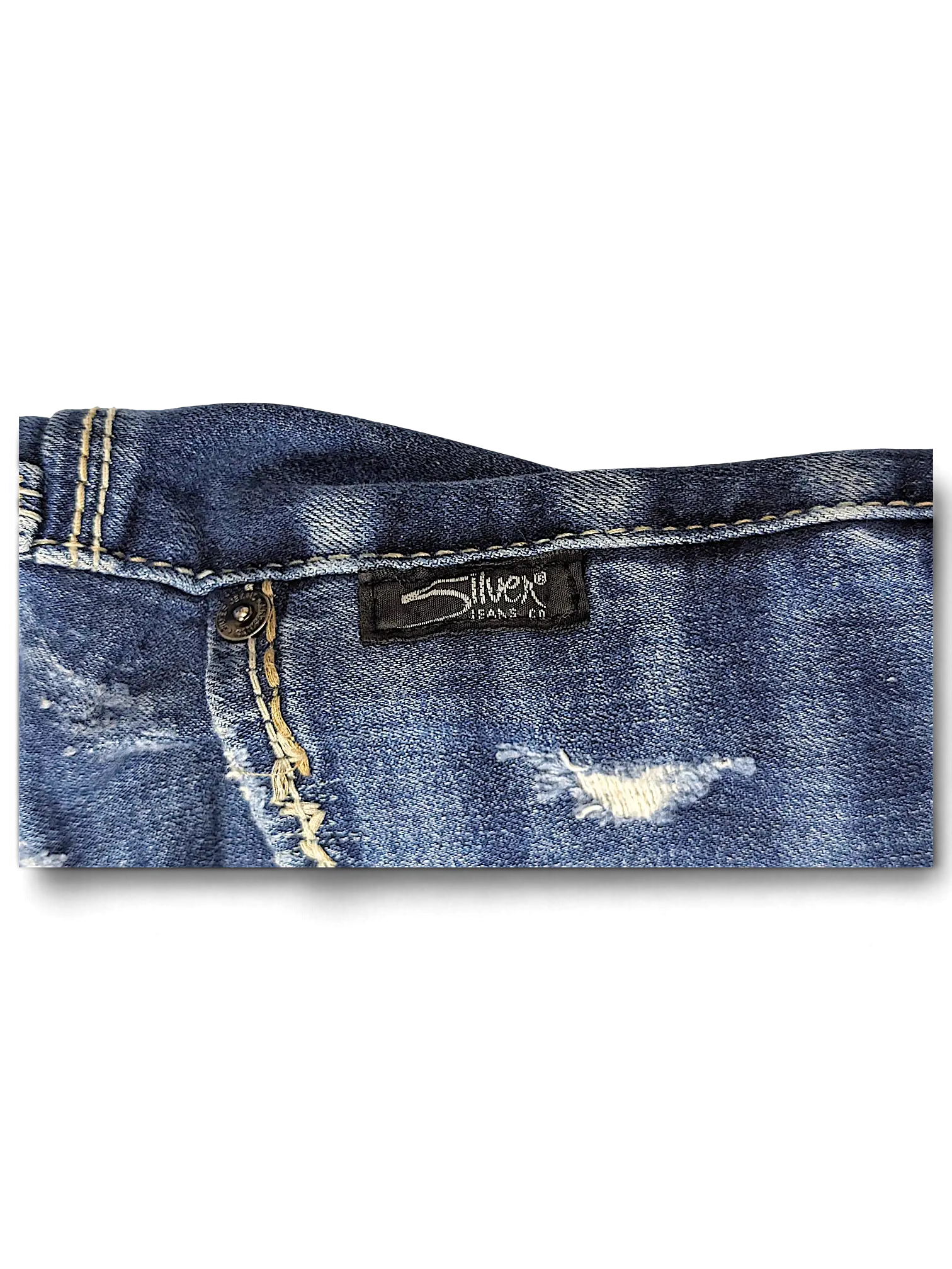 JAKE & IPI Silver Jeans Co Elyse slim boot jeans featuring blue denim fabric with distressed details and logo tag