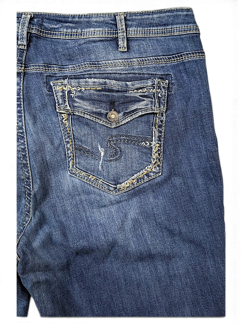 JAKE & IPI Silver Jeans Co. Elyse slim boot jeans featuring a medium wash denim with detailed back pocket stitching.