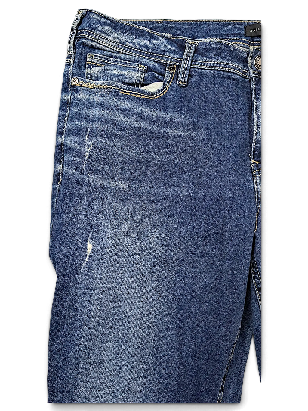 JAKE & IPI Silver Jeans Co Elyse slim boot jeans in medium wash denim with distressed details and contrast stitching