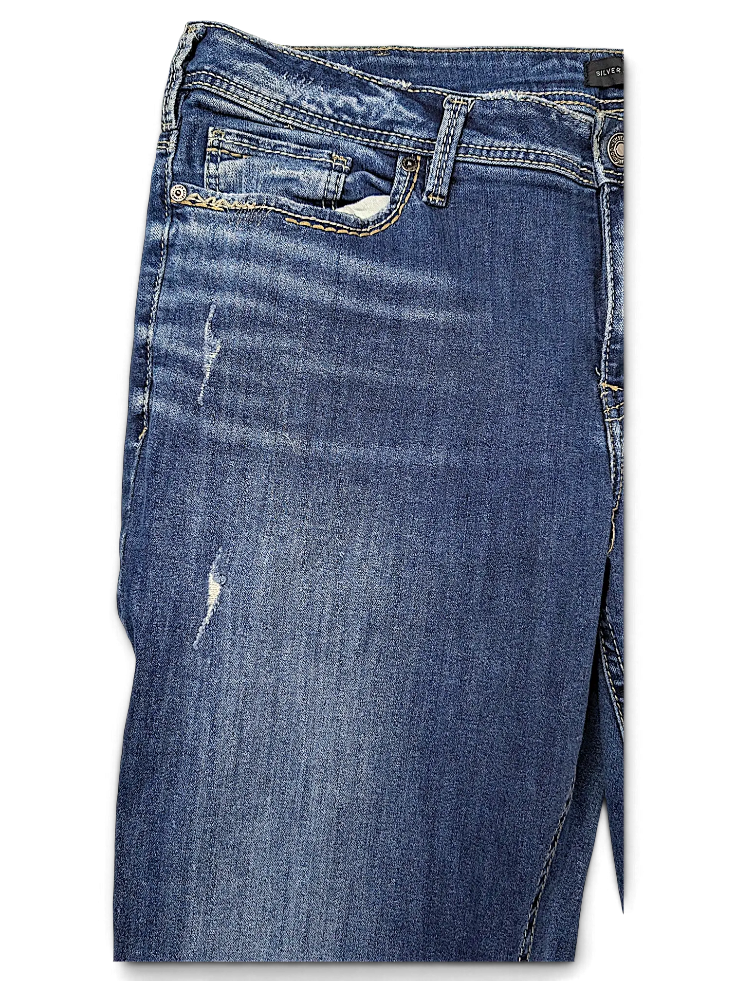 JAKE & IPI Silver Jeans Co Elyse slim boot jeans in medium wash denim with distressed details and contrast stitching