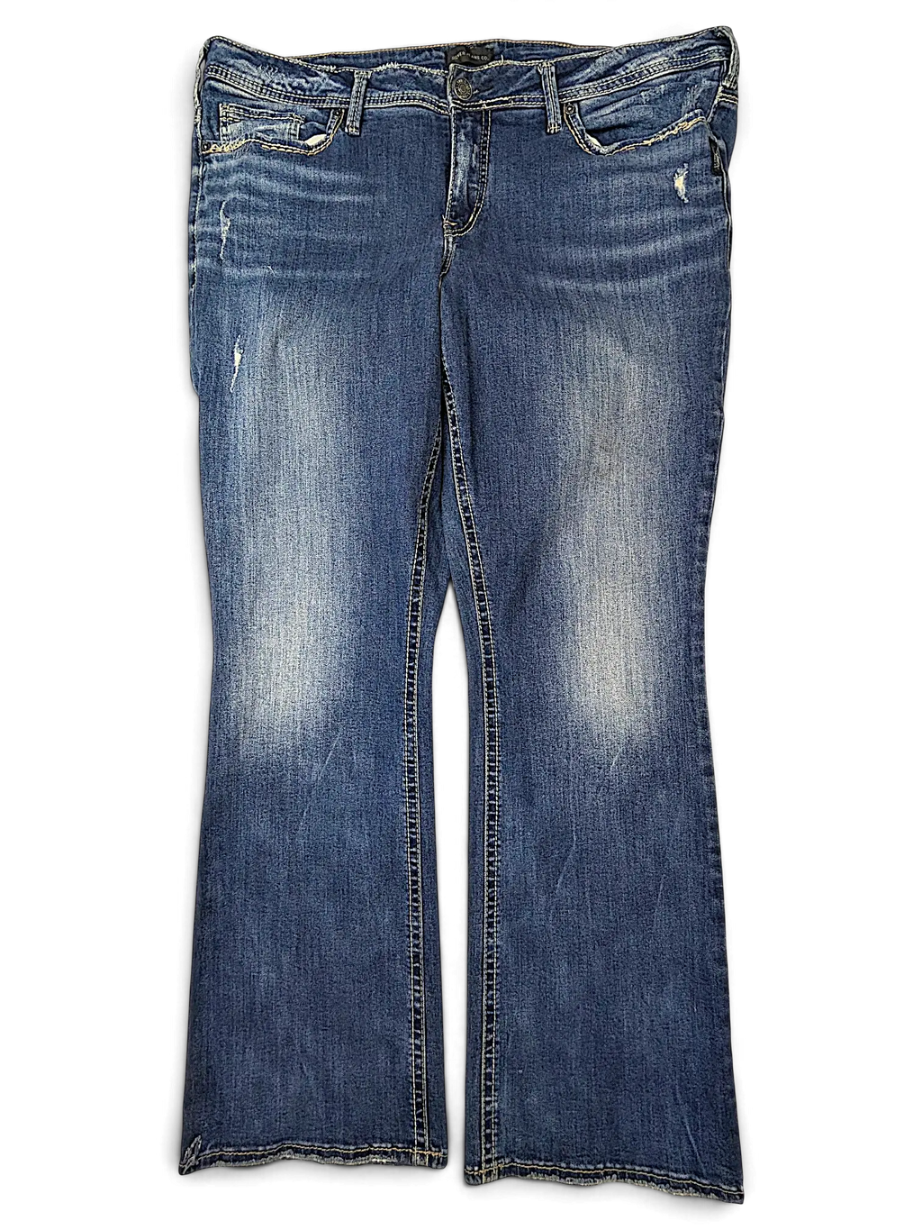 JAKE & IPI Silver Jeans Co Elyse slim boot cut jeans in medium wash denim with distressed details