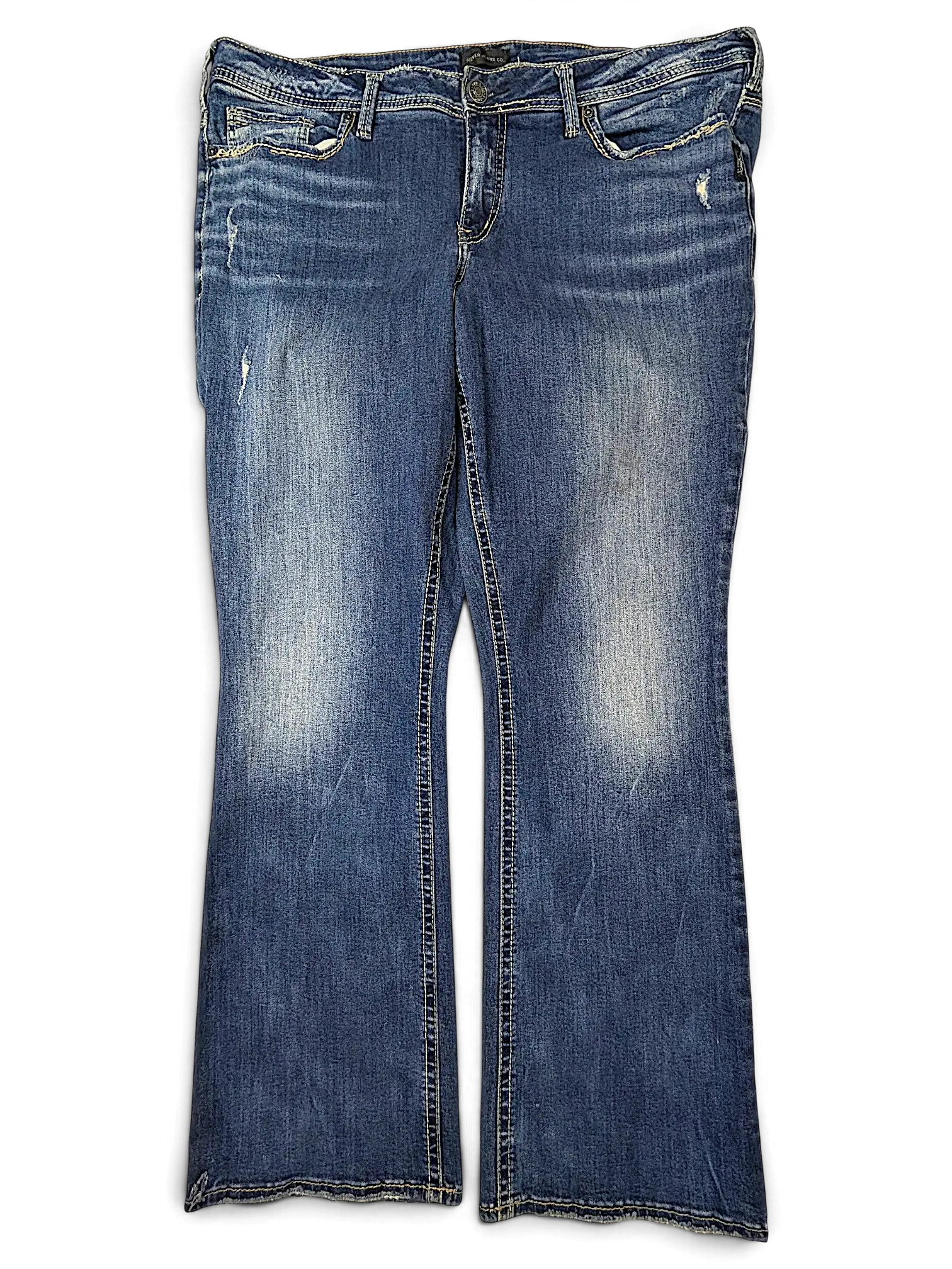 JAKE & IPI Silver Jeans Co Elyse slim boot cut jeans in medium wash denim with distressed details
