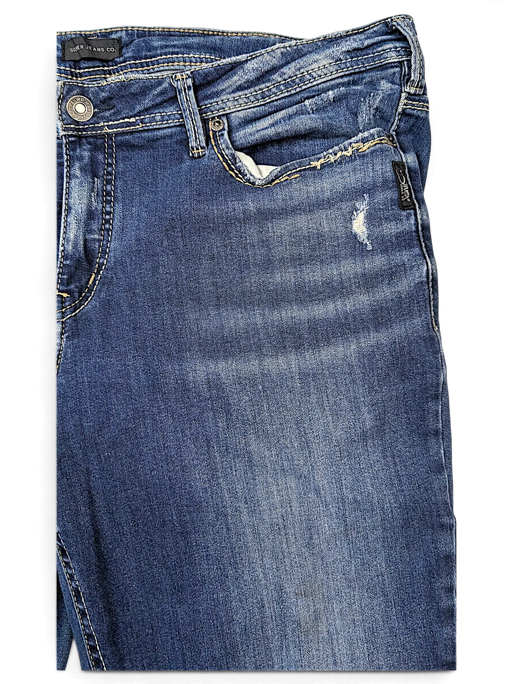 JAKE & IPI Silver Jeans Co. Elyse slim boot jeans in medium wash denim with distressed details and contrast stitching.