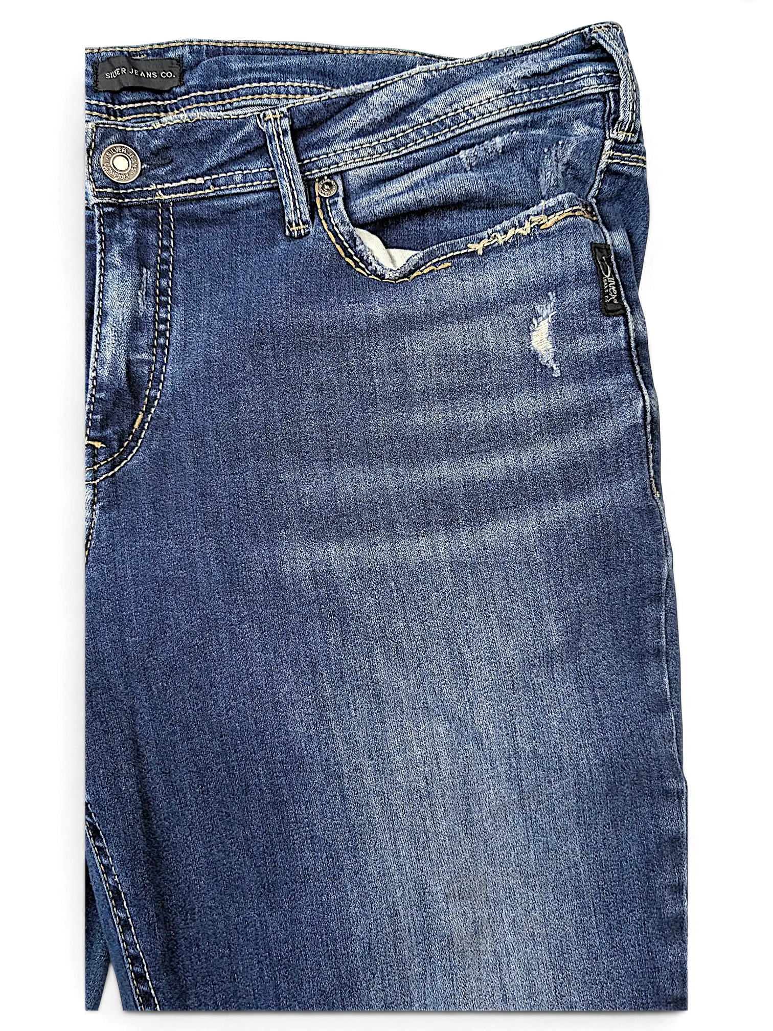 JAKE & IPI Silver Jeans Co. Elyse slim boot jeans in medium wash denim with distressed details and contrast stitching.