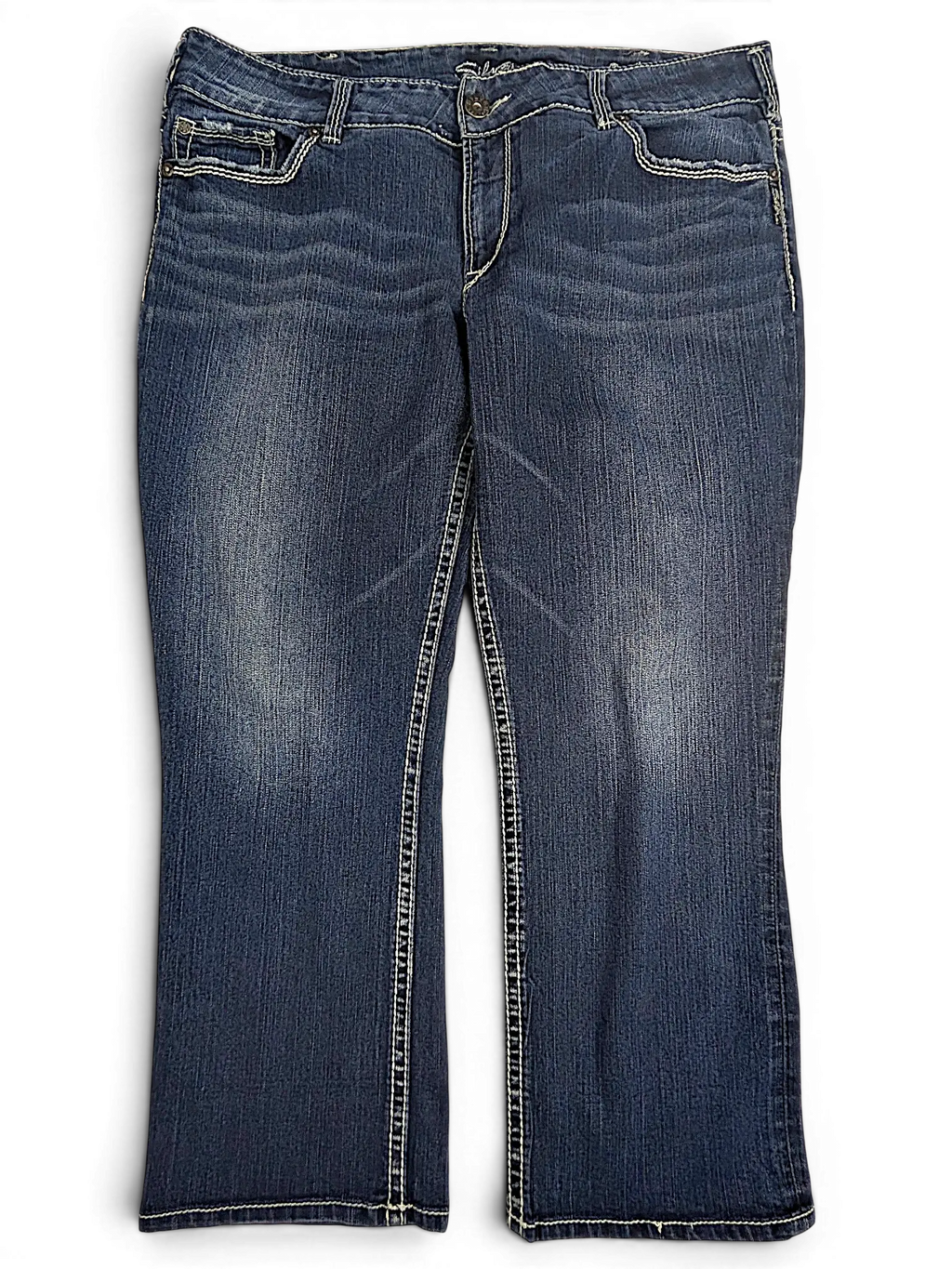 JAKE & IPI Silver Jeans Suki dark wash denim capris with contrast stitching and whiskering details