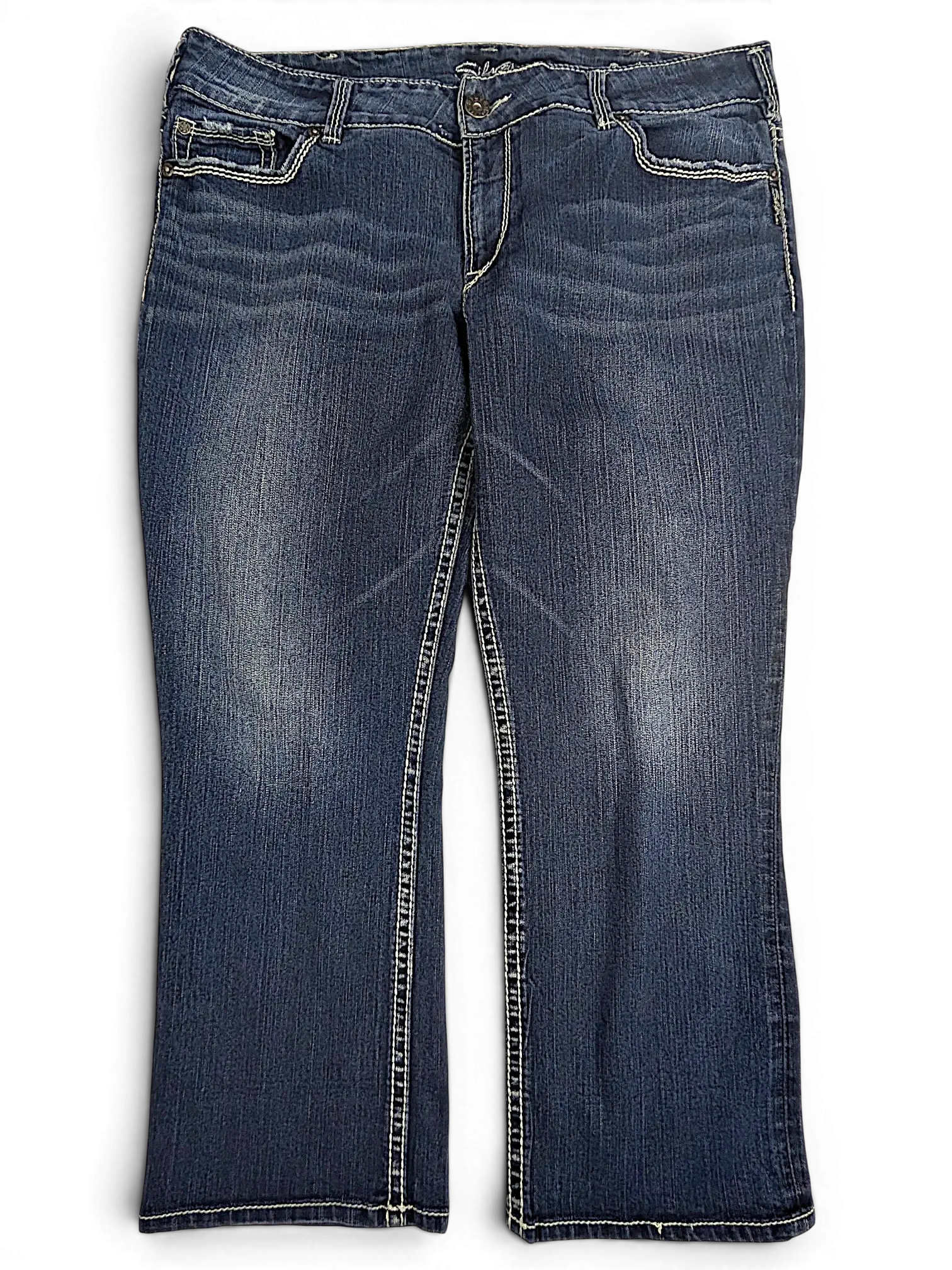 JAKE & IPI Silver Jeans Suki dark wash denim capris with contrast stitching and whiskering details