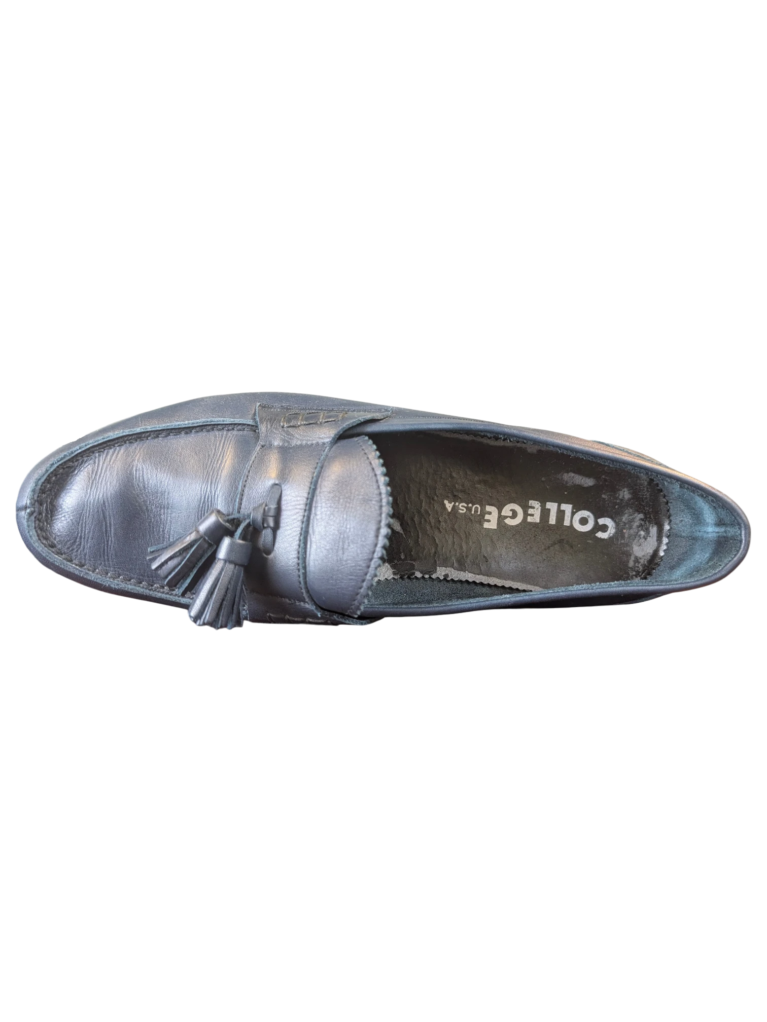 JAKE & IPI metallic silver leather tassel loafers with College U.S.A. branding on the insole, top-down view.