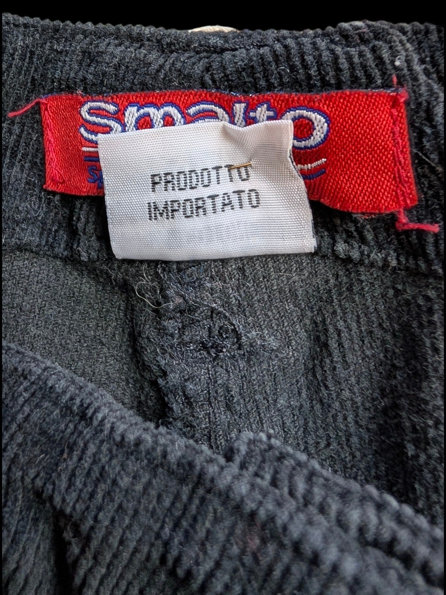 JAKE & IPI Smalto corduroy cargo pants in dark grey with a "Prodotto Importato" tag.