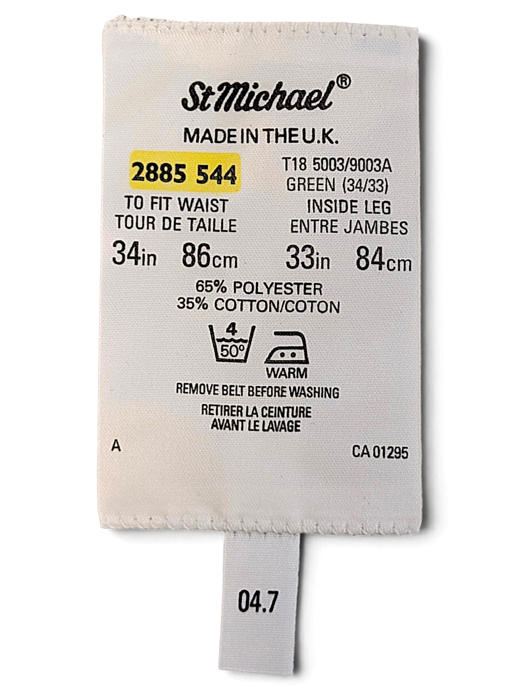 JAKE & IPI St Michael vintage green pleated trousers garment care label with size and material information