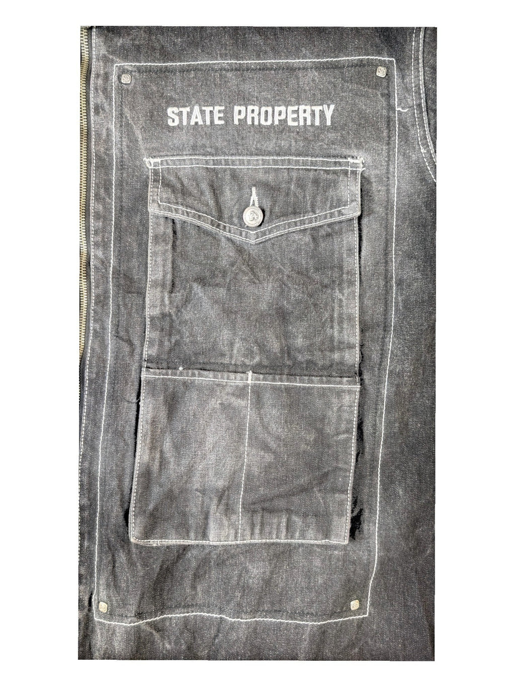 JAKE & IPI State Property dark grey denim jacket with white contrast stitching and button-flap chest pocket.