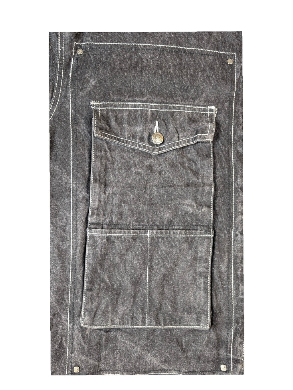 JAKE & IPI State Property dark grey denim jacket with white contrast stitching and two chest pockets.