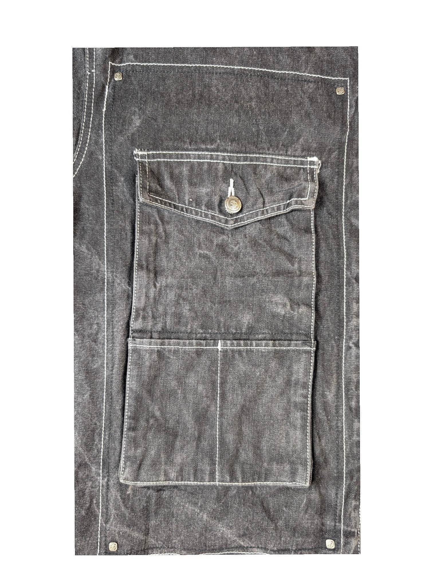 JAKE & IPI State Property dark grey denim jacket with white contrast stitching and two chest pockets.
