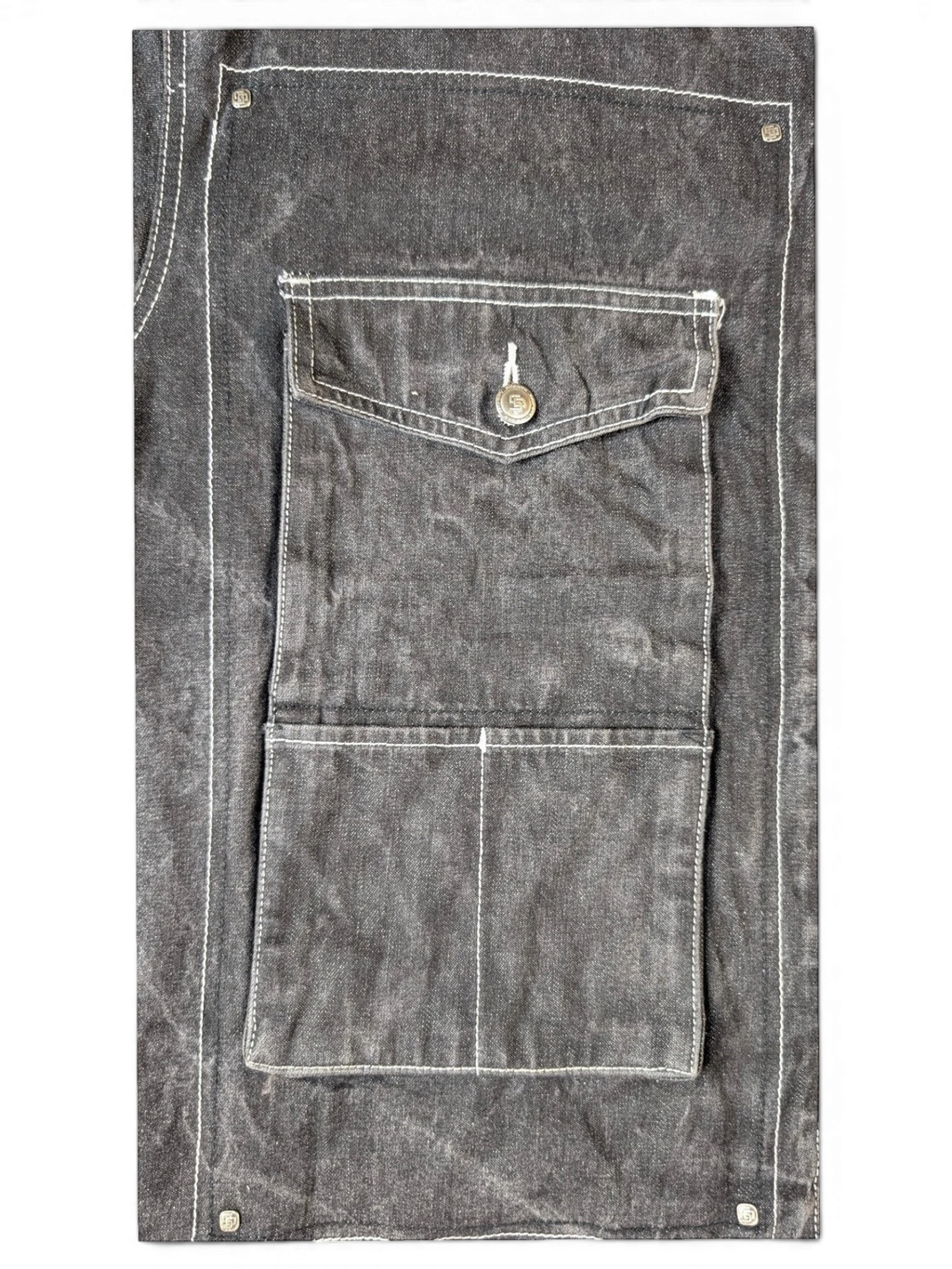 JAKE & IPI State Property dark grey denim jacket with white contrast stitching and two chest pockets.