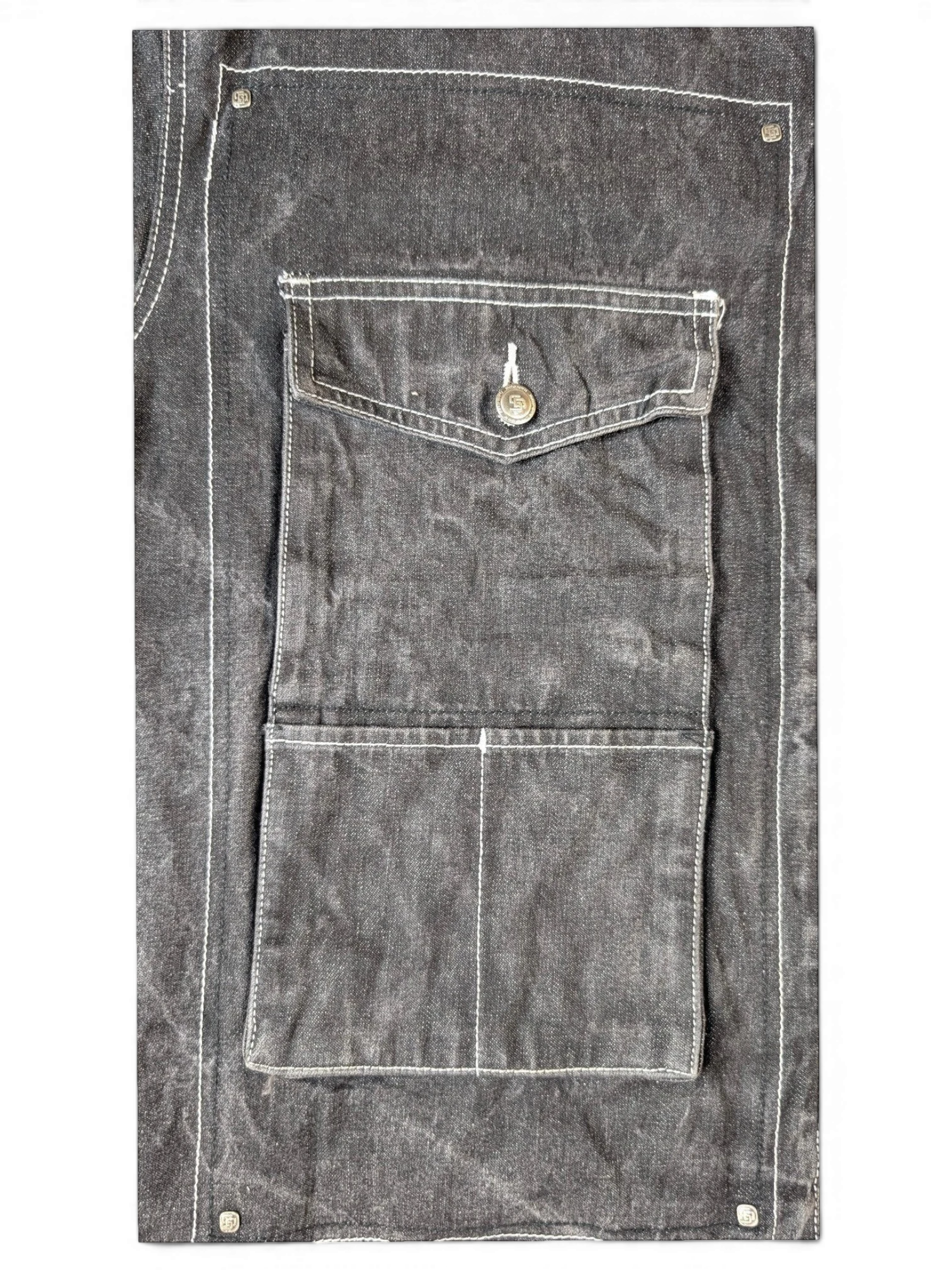 JAKE & IPI State Property dark grey denim jacket with white contrast stitching and two chest pockets.