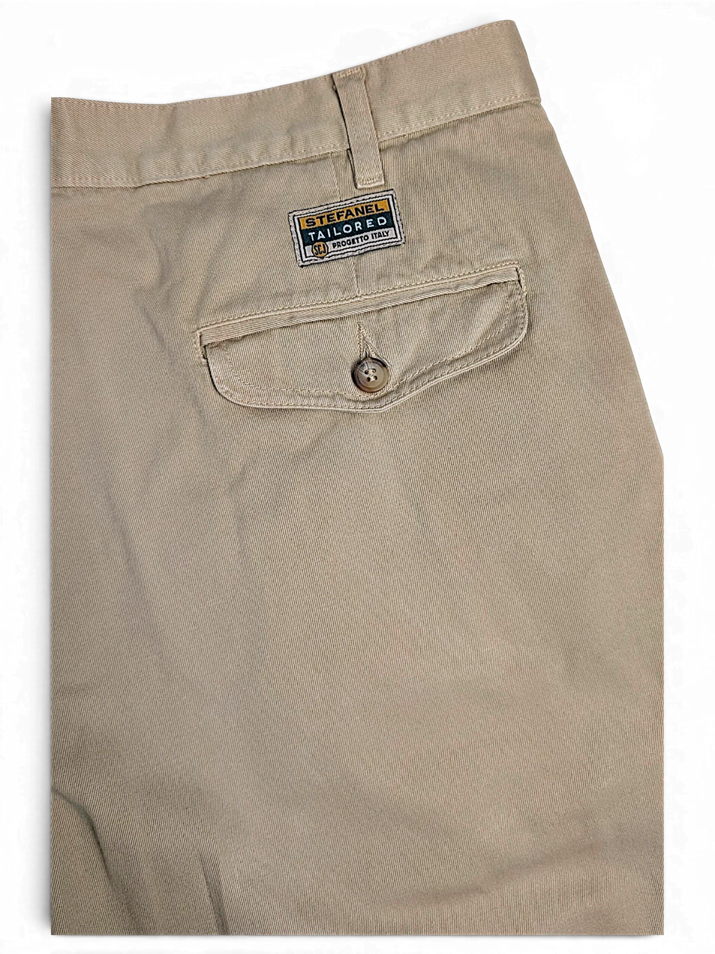 JAKE & IPI Stefanel beige cotton tailored trousers featuring a buttoned back pocket and branded label detail.