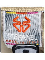 JAKE & IPI Stefanel brand label stitched inside beige Italian cotton trousers with orange logo embroidery