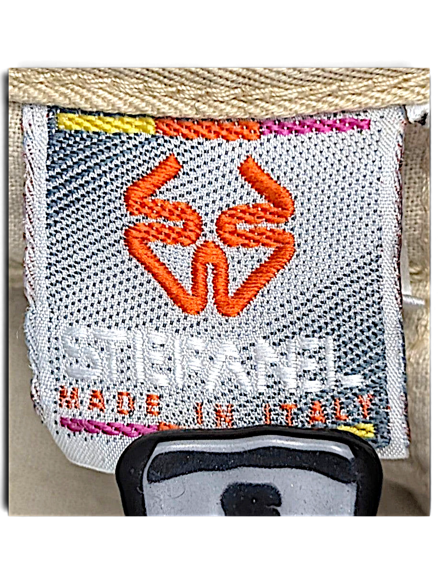JAKE & IPI Stefanel brand label stitched inside beige Italian cotton trousers with orange logo embroidery