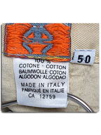JAKE & IPI Stefanel beige cotton trousers care label showing 100% cotton composition and size 50 tag