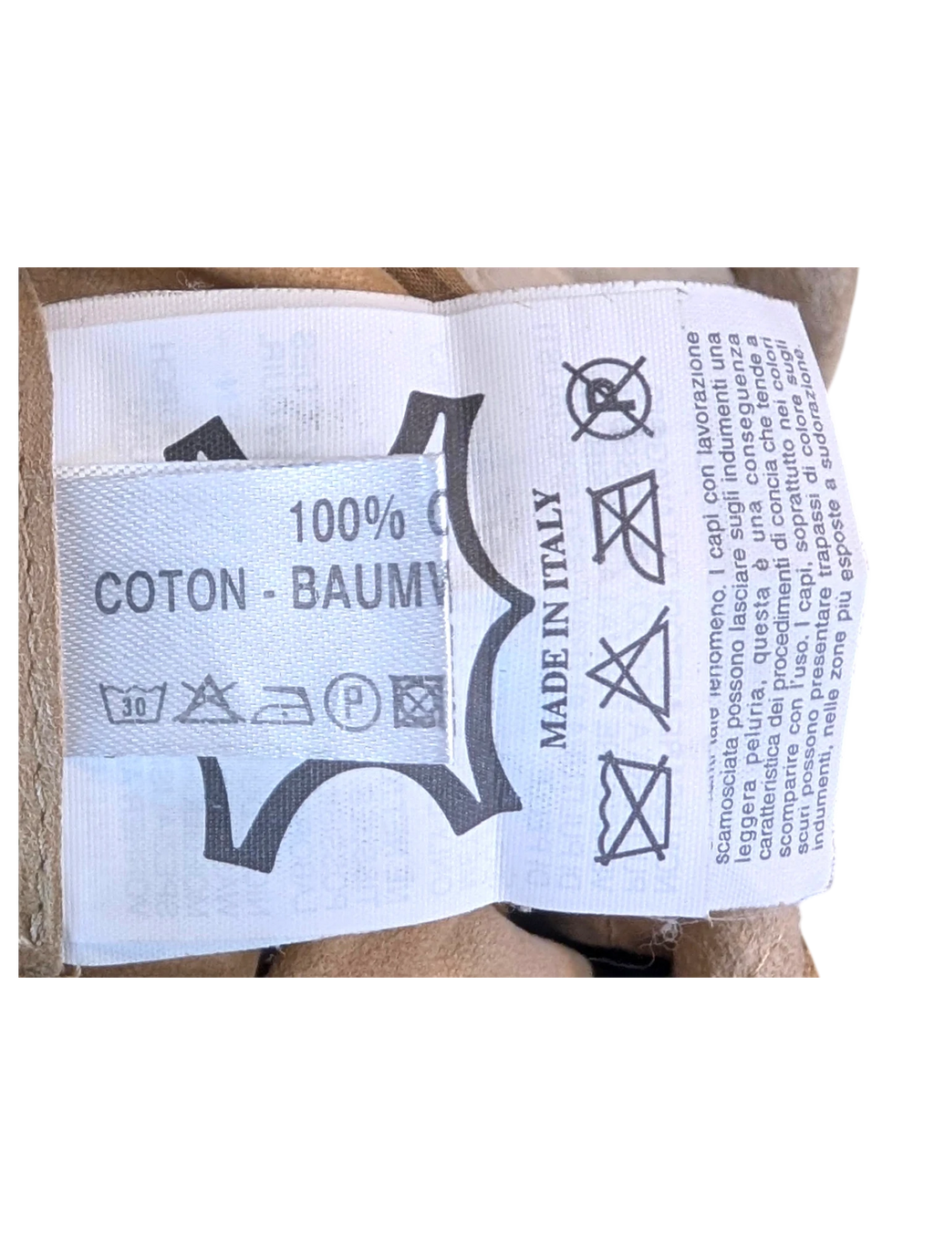 JAKE & IPI suede leather pants interior care label showing 100% cotton lining and Made in Italy origin