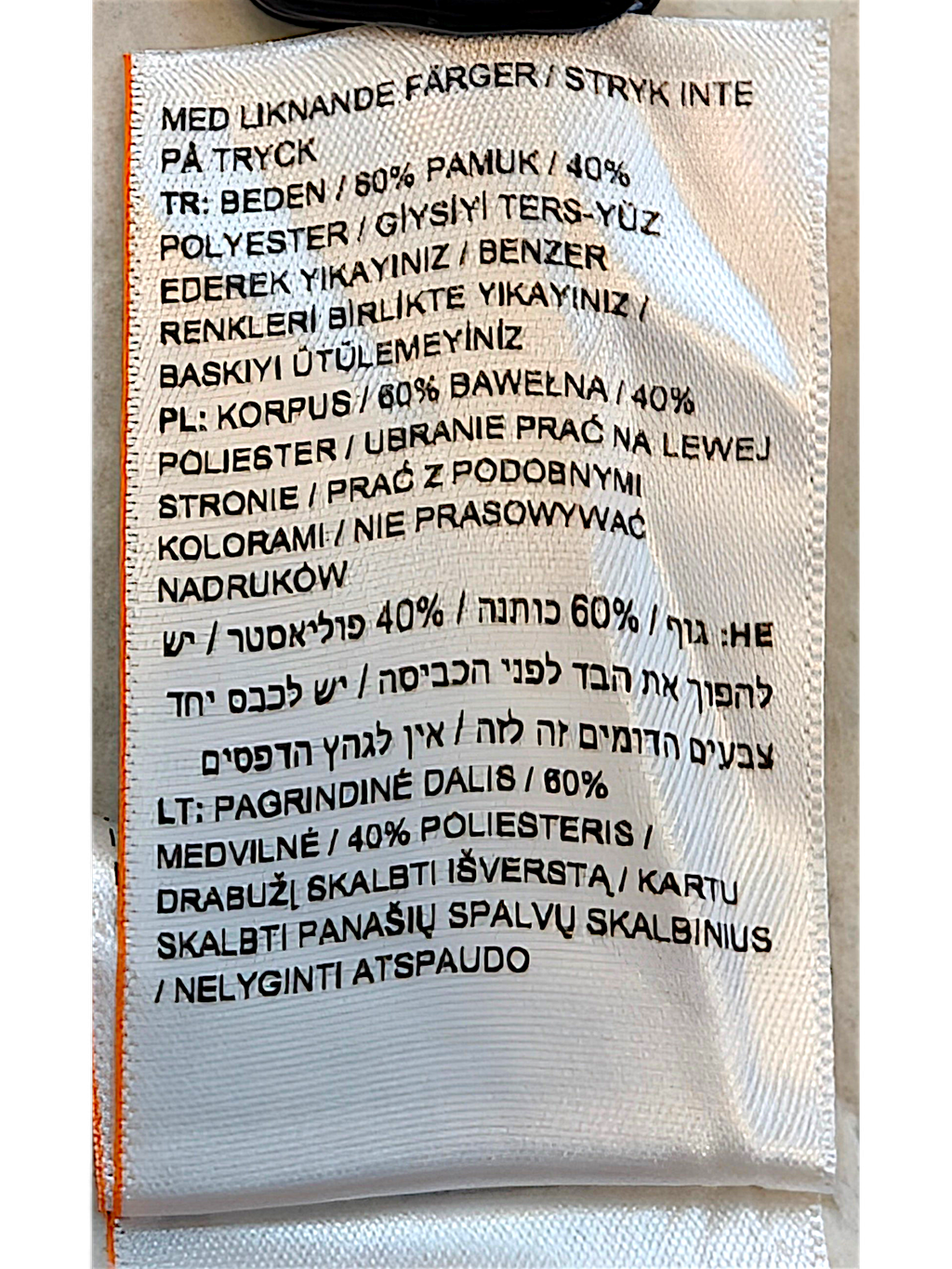 JAKE & IPI Superdry College garment care label showing 60% cotton and 40% polyester fabric composition in multiple languages.