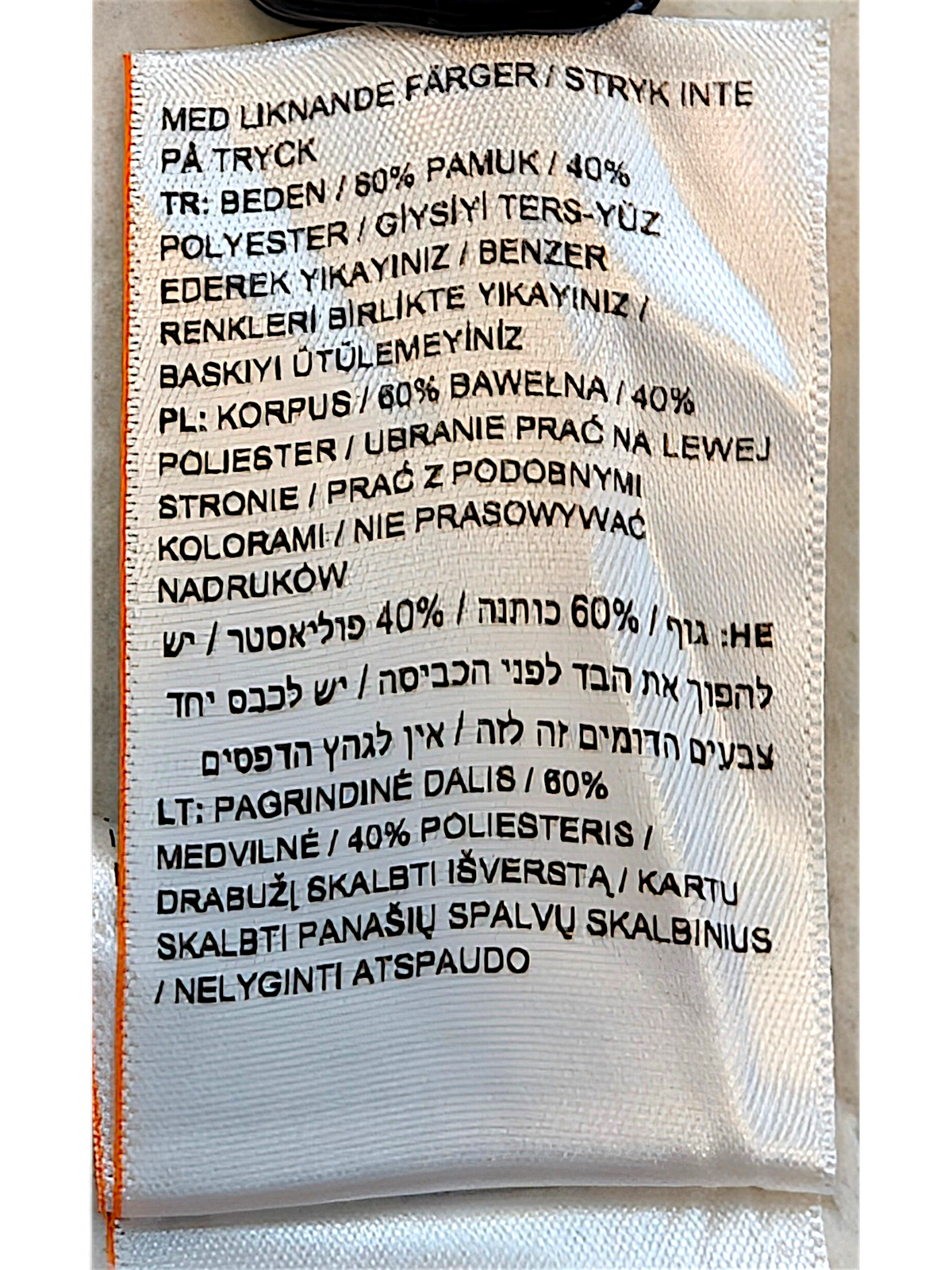 JAKE & IPI Superdry College garment care label showing 60% cotton and 40% polyester fabric composition in multiple languages.