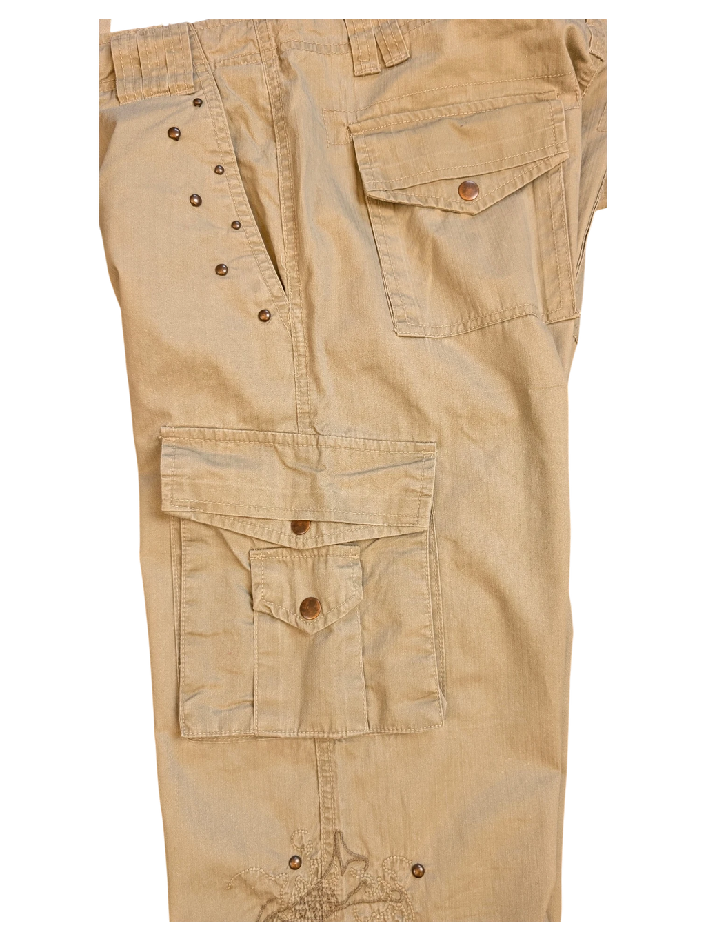 JAKE & IPI tan cargo pants with multiple pockets, copper button details, and embroidered accents. EU 42.