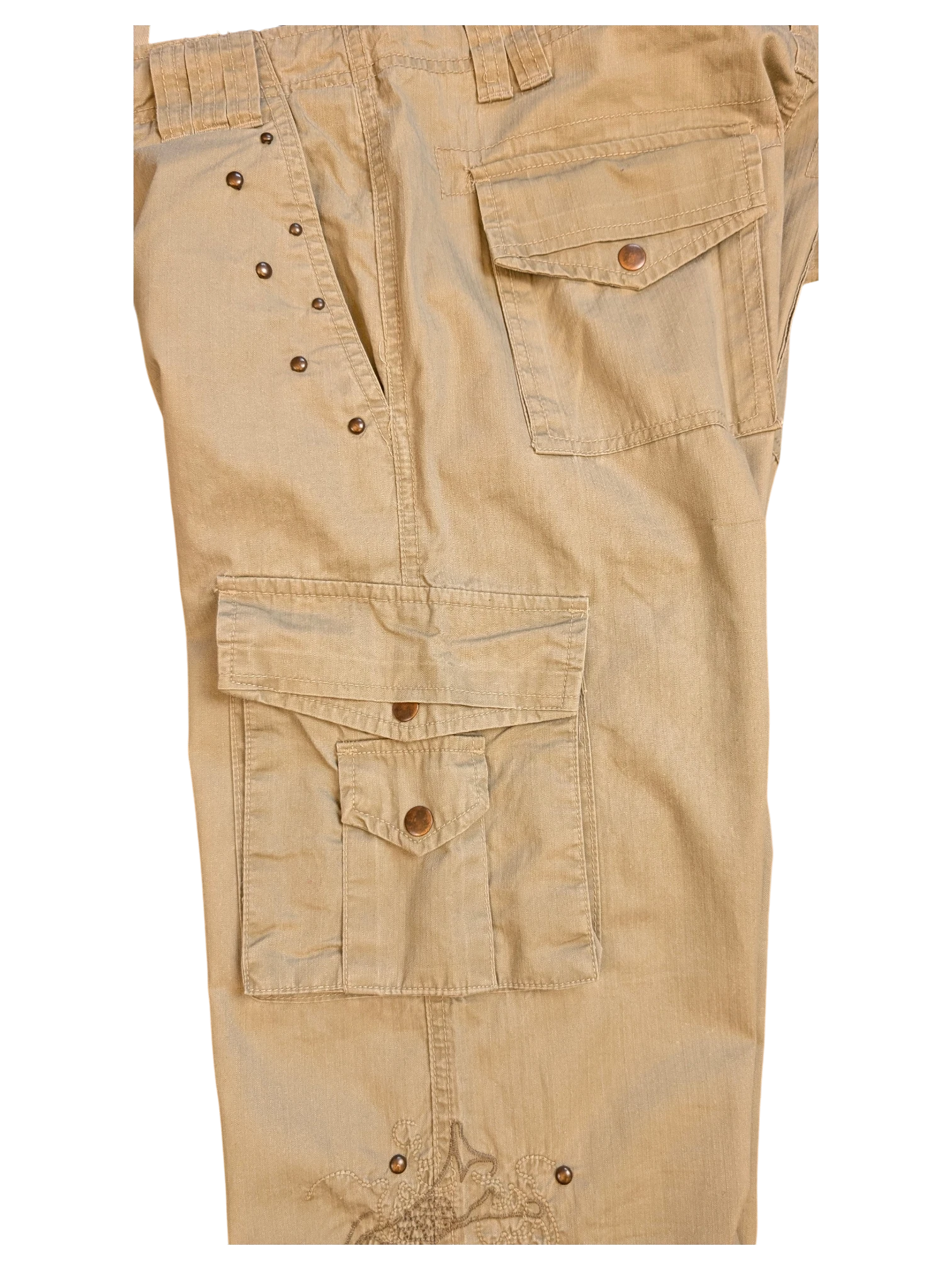 JAKE & IPI tan cargo pants with multiple pockets, copper button details, and embroidered accents. EU 42.