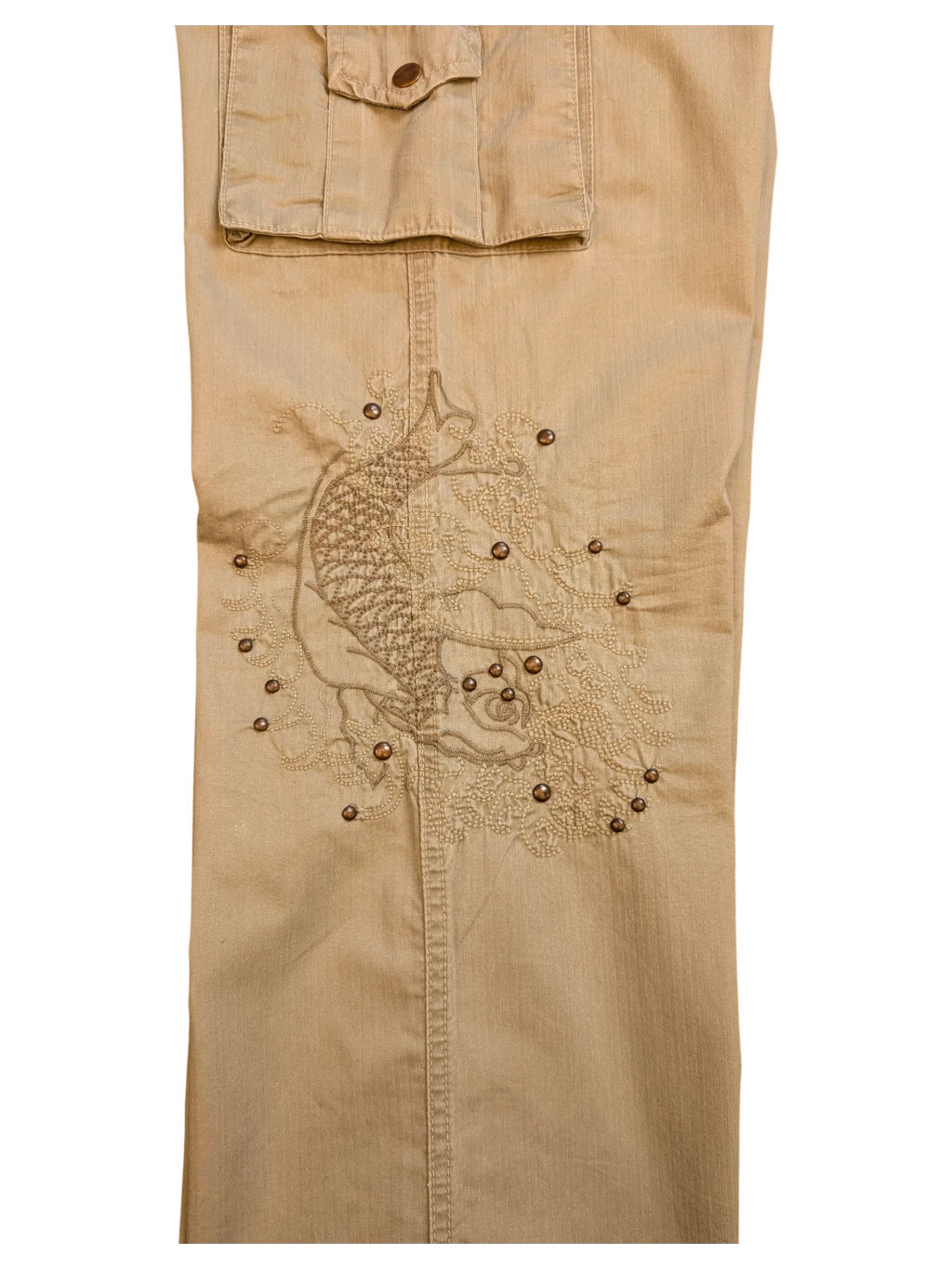 JAKE & IPI tan cargo pants with embroidered koi fish and studded details, size EU 42.