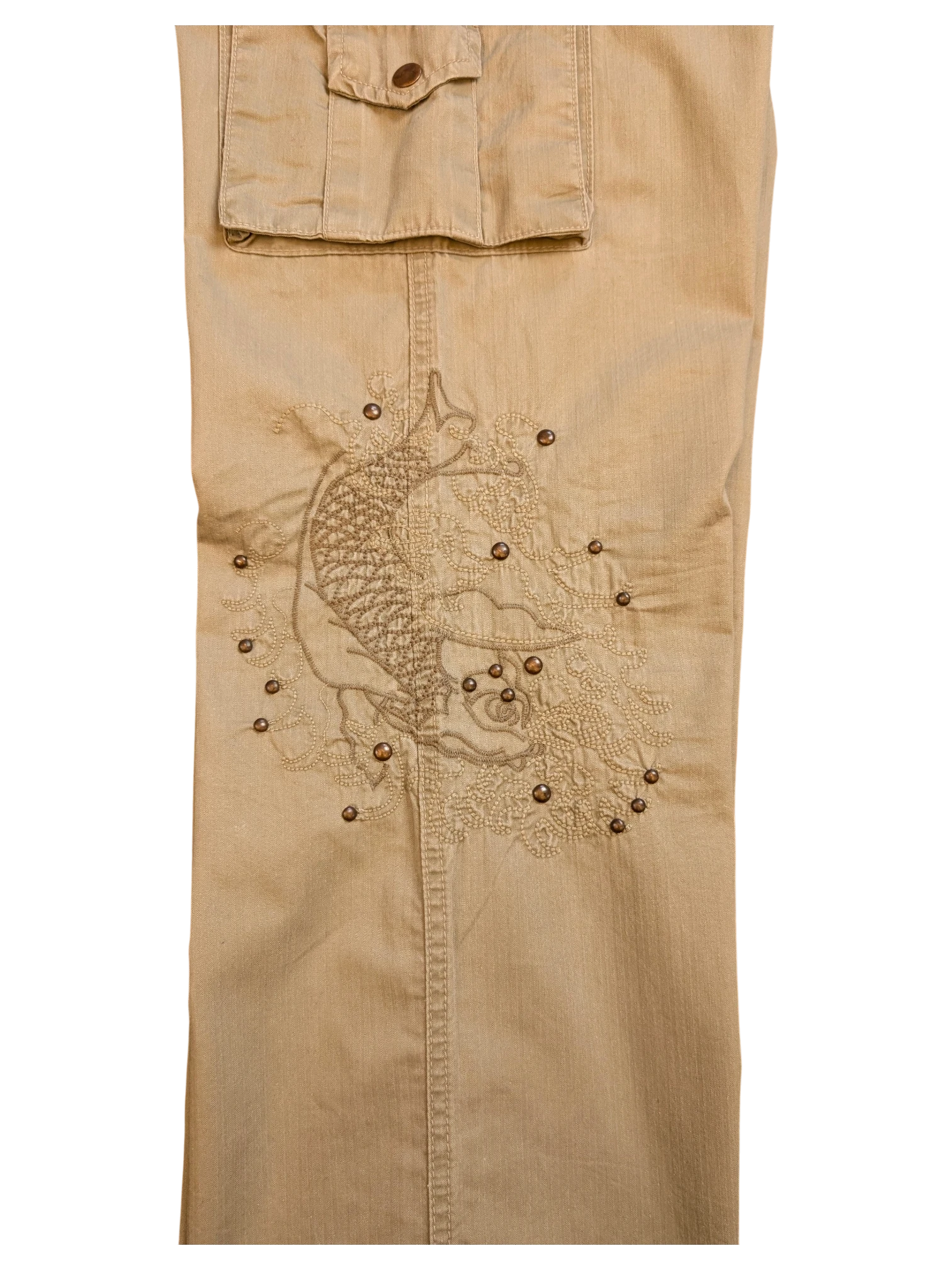 JAKE & IPI tan cargo pants with embroidered koi fish and studded details, size EU 42.