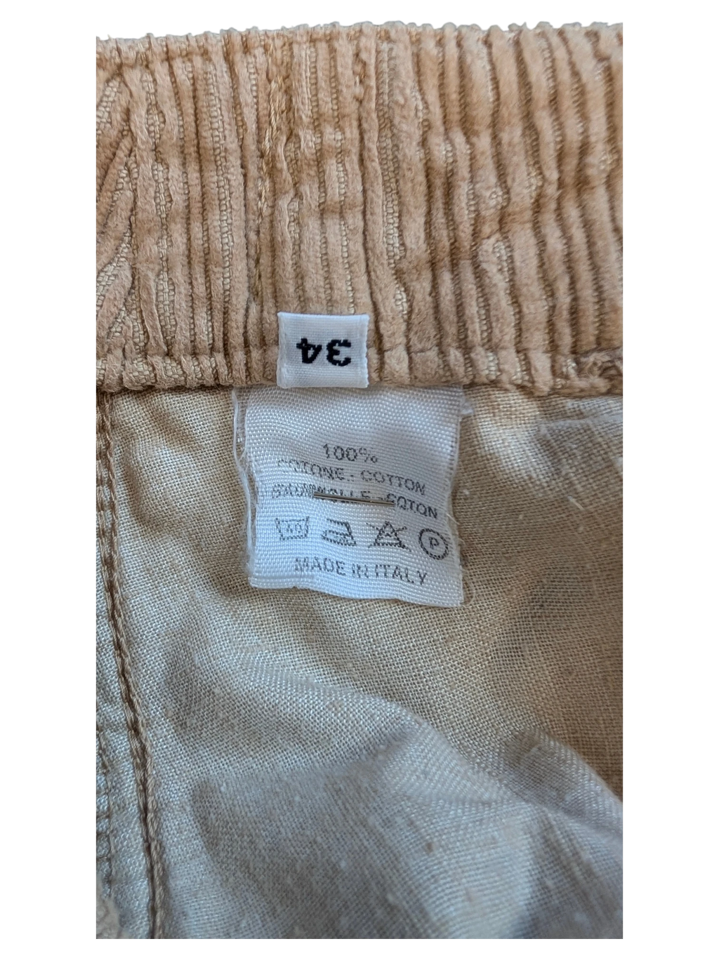 JAKE & IPI tan corduroy cargo pants, size 34, made in Italy from 100% cotton.