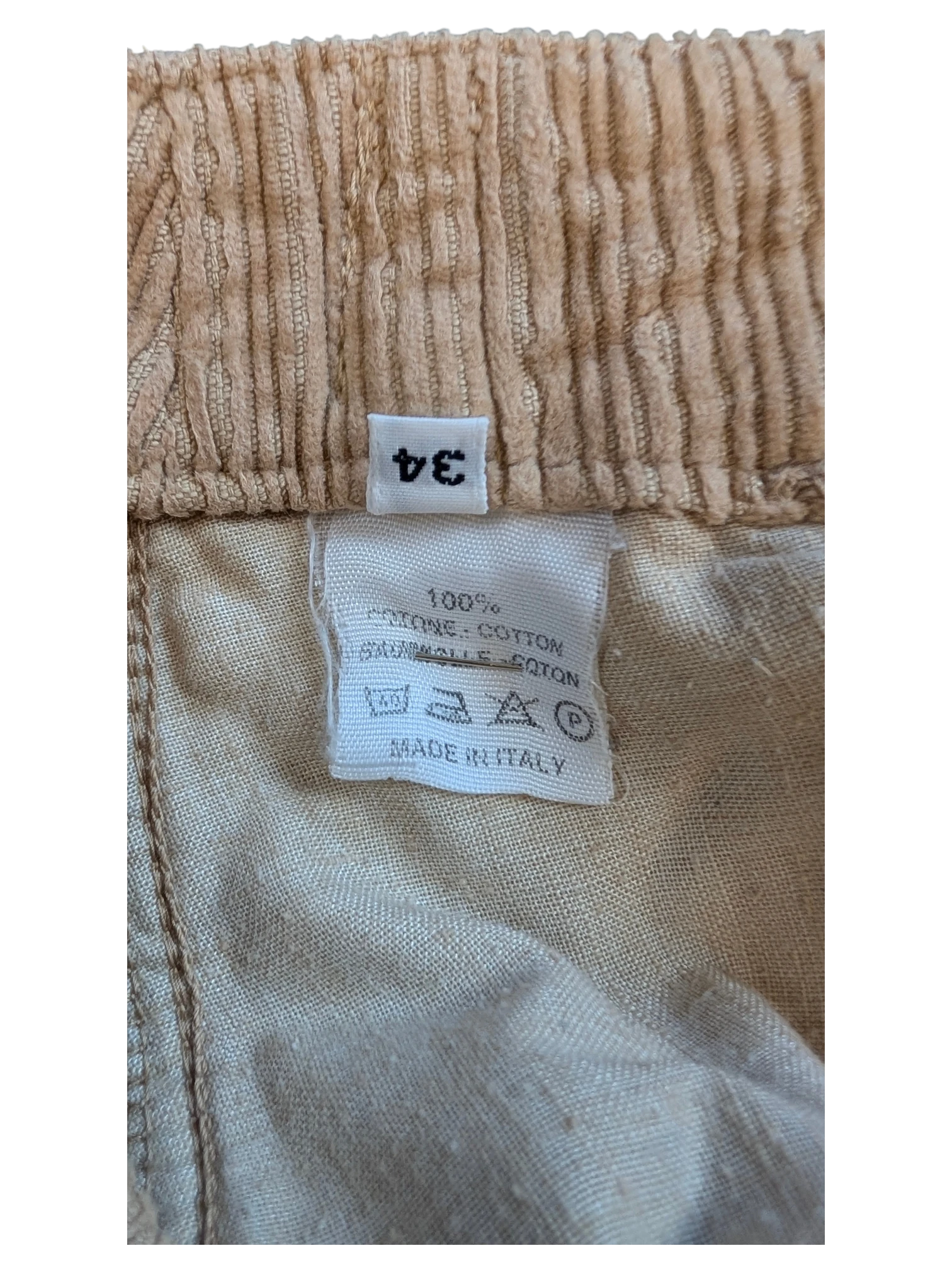 JAKE & IPI tan corduroy cargo pants, size 34, made in Italy from 100% cotton.
