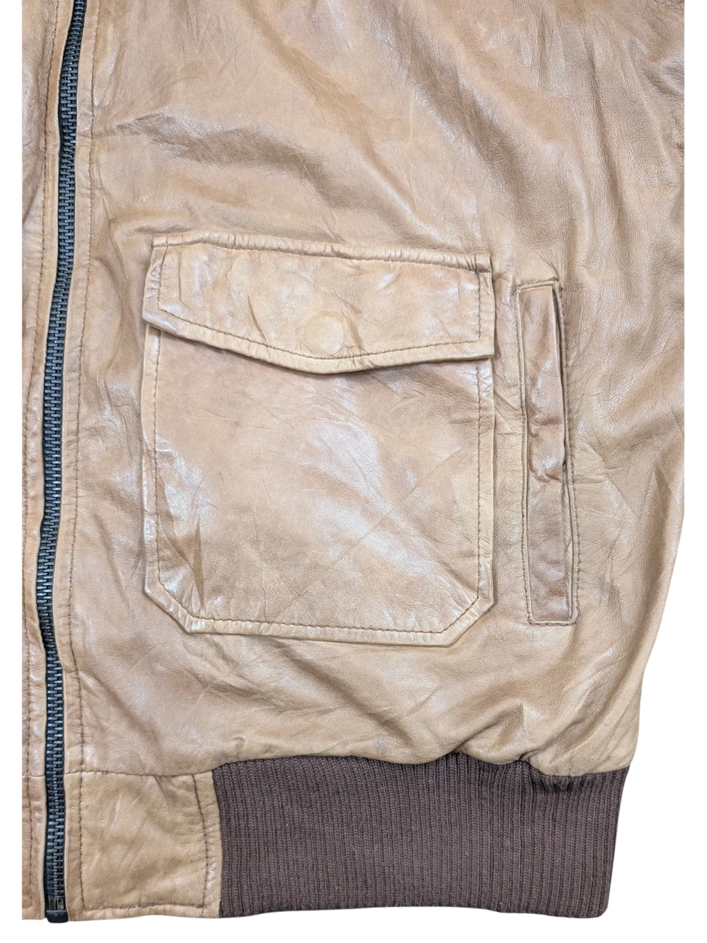 JAKE & IPI tan leather bomber jacket with zip pocket and ribbed cuffs.