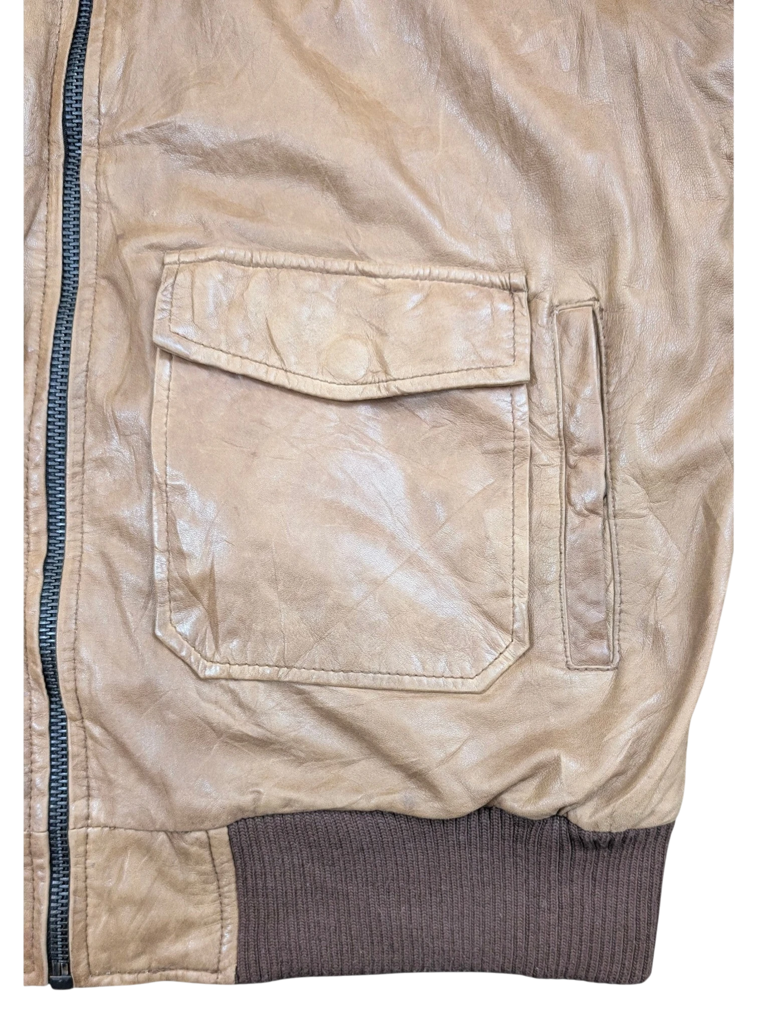 JAKE & IPI tan leather bomber jacket with zip pocket and ribbed cuffs.