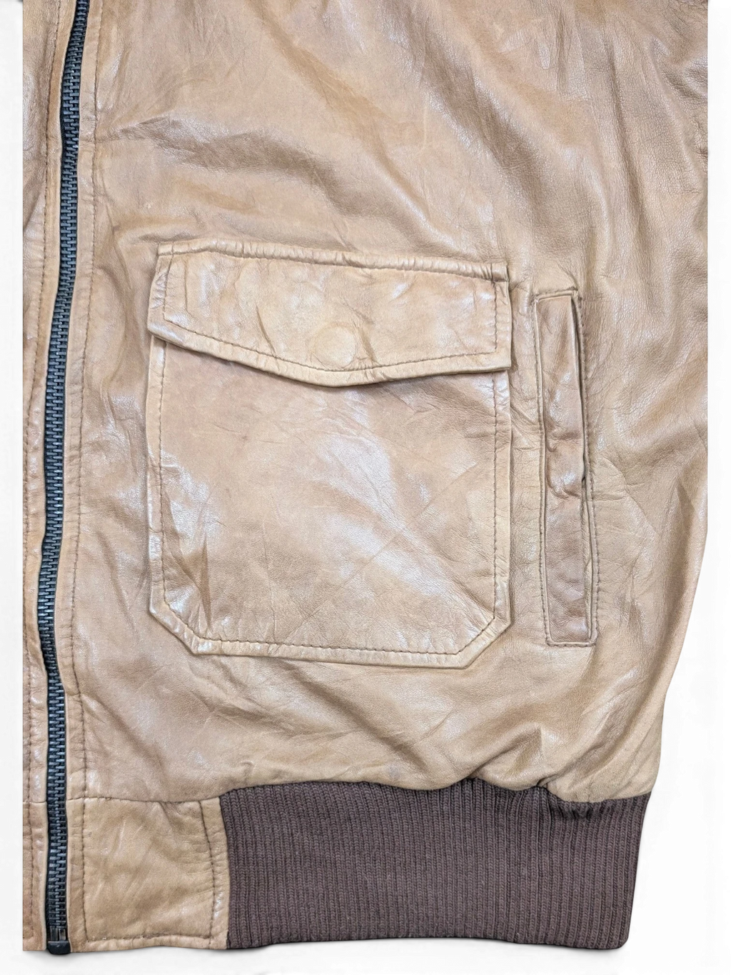 JAKE & IPI tan leather bomber jacket with zip pocket and ribbed cuffs.