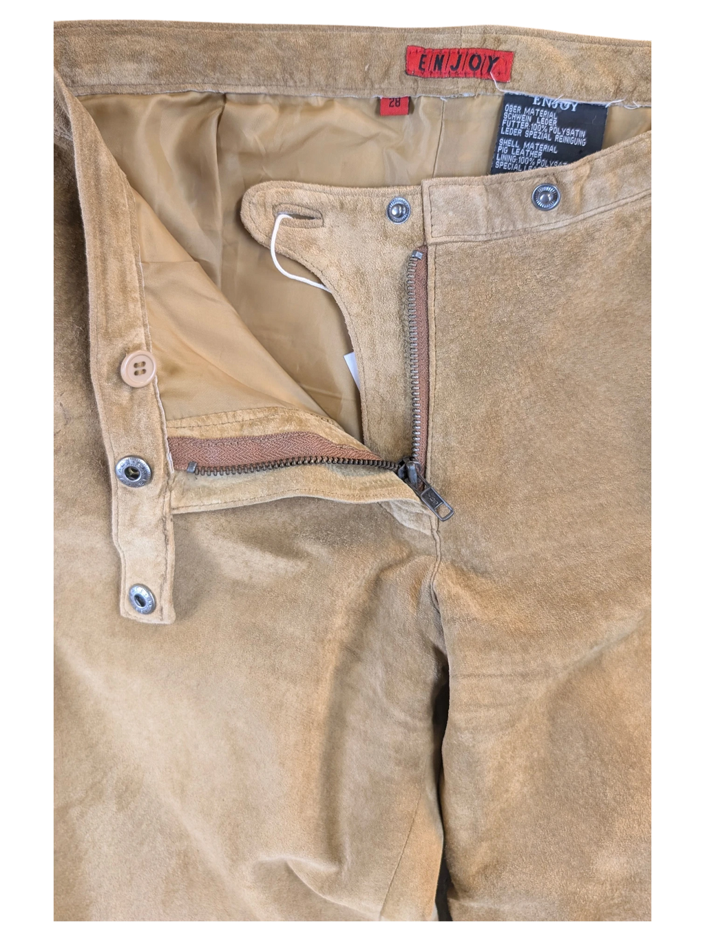 JAKE & IPI tan suede leather pants featuring a button fly, metal hardware, and a polyester lining.