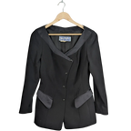 JAKE & IPI vintage Thierry Mugler Paris black structured jacket with satin collar and asymmetrical closure. Made in France.