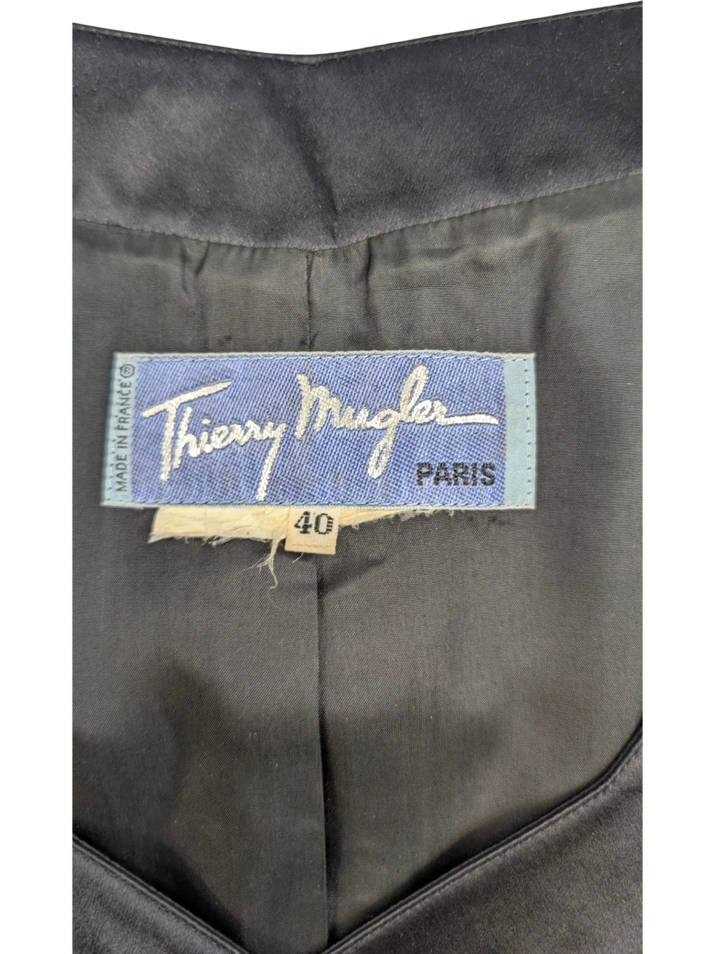 JAKE & IPI vintage Thierry Mugler Paris black structured jacket, size 40, made in France, with satin collar detail.