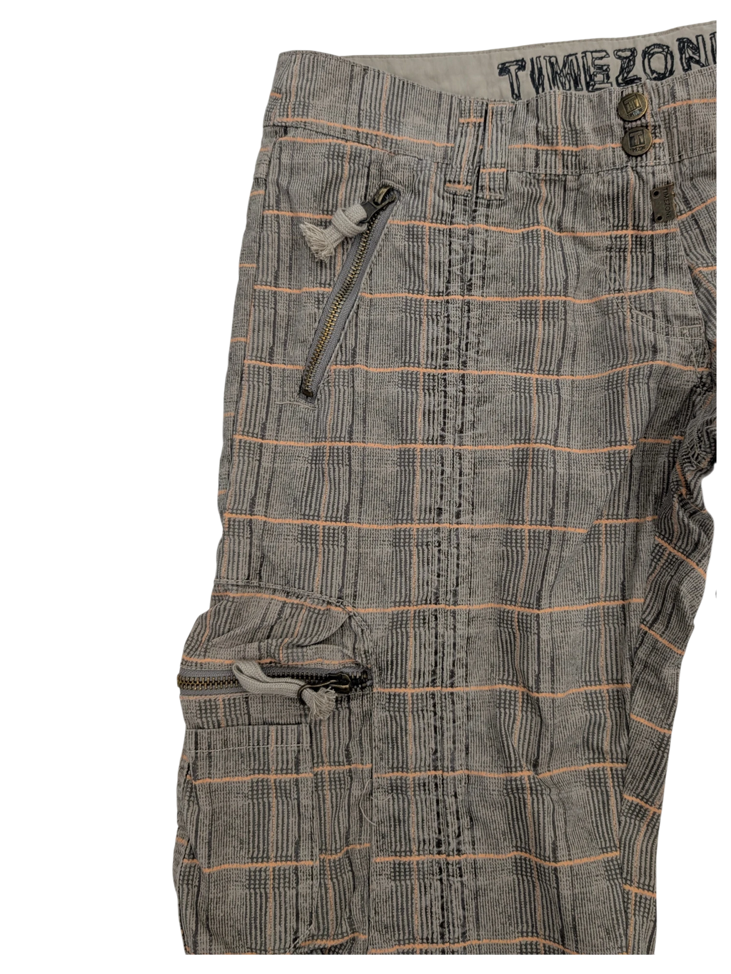 JAKE & IPI Timezone Cargo Pants 27 in grey plaid with orange stripes, featuring zip pockets and a drawstring detail.