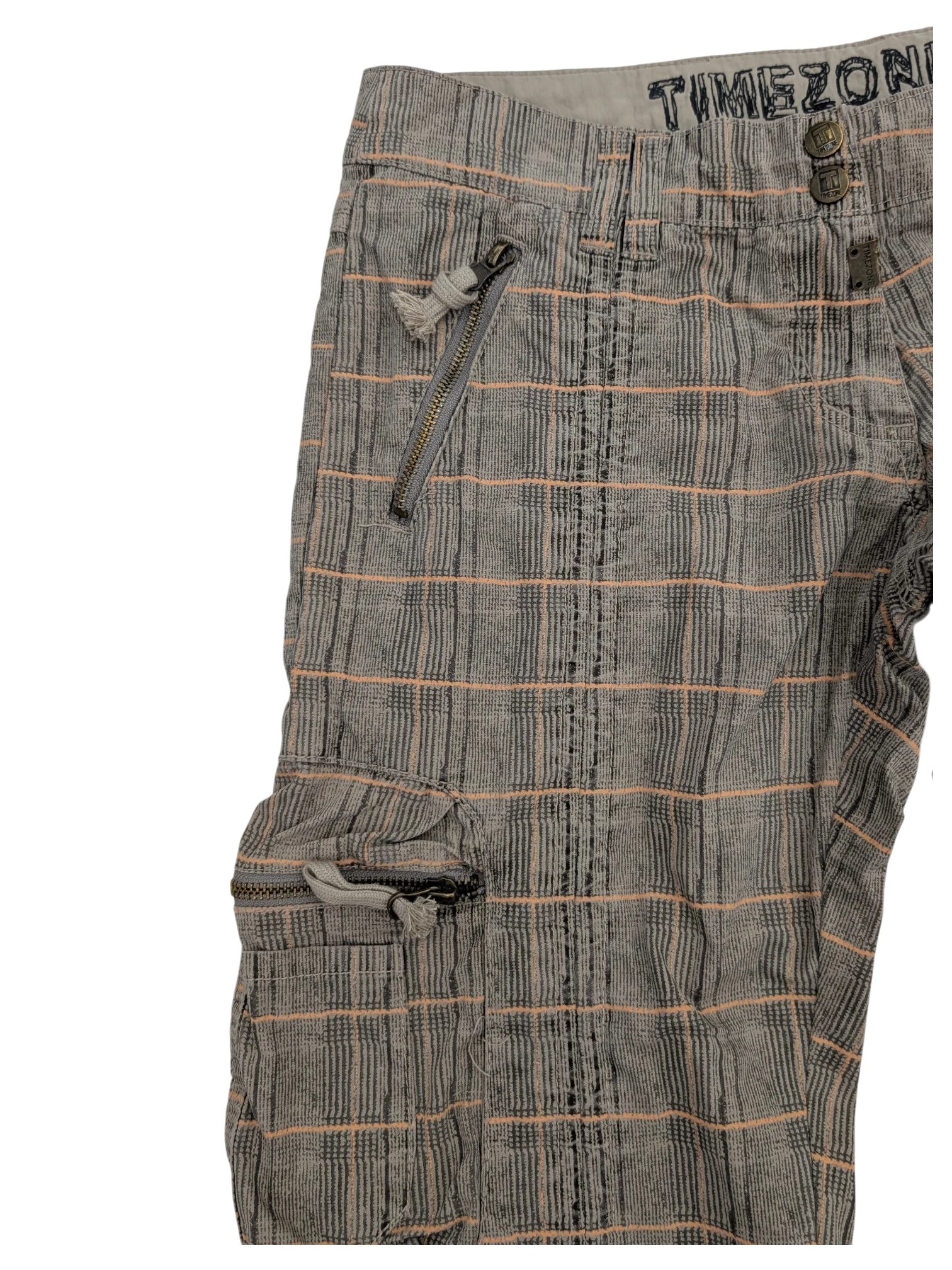 JAKE & IPI Timezone Cargo Pants 27 in grey plaid with orange stripes, featuring zip pockets and a drawstring detail.