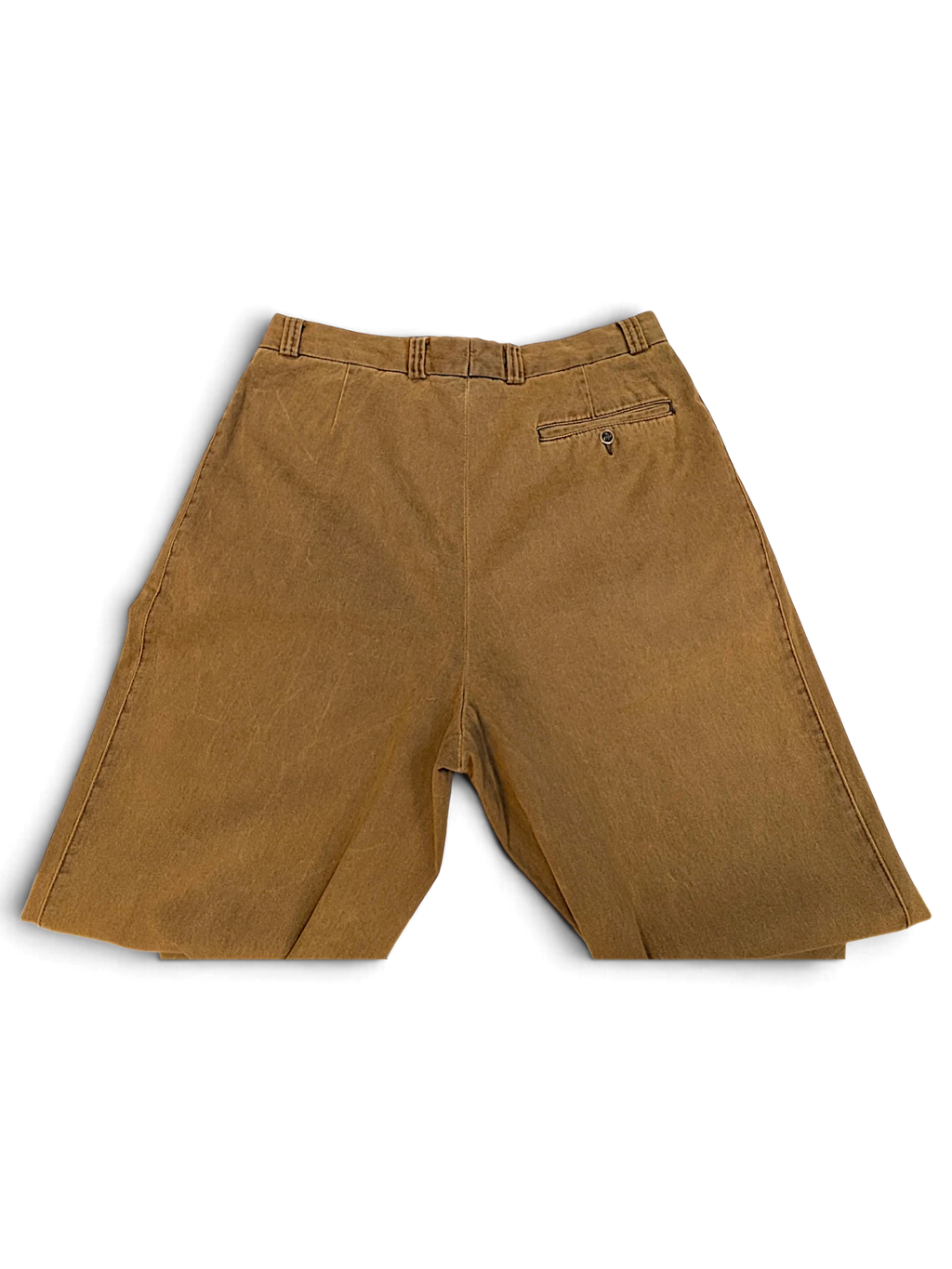 JAKE & IPI Tivoli vintage brown pleated trousers, back view showing buttoned pocket and waistband detail.