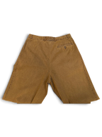 JAKE & IPI Tivoli vintage brown pleated trousers, back view showing buttoned pocket and waistband detail.