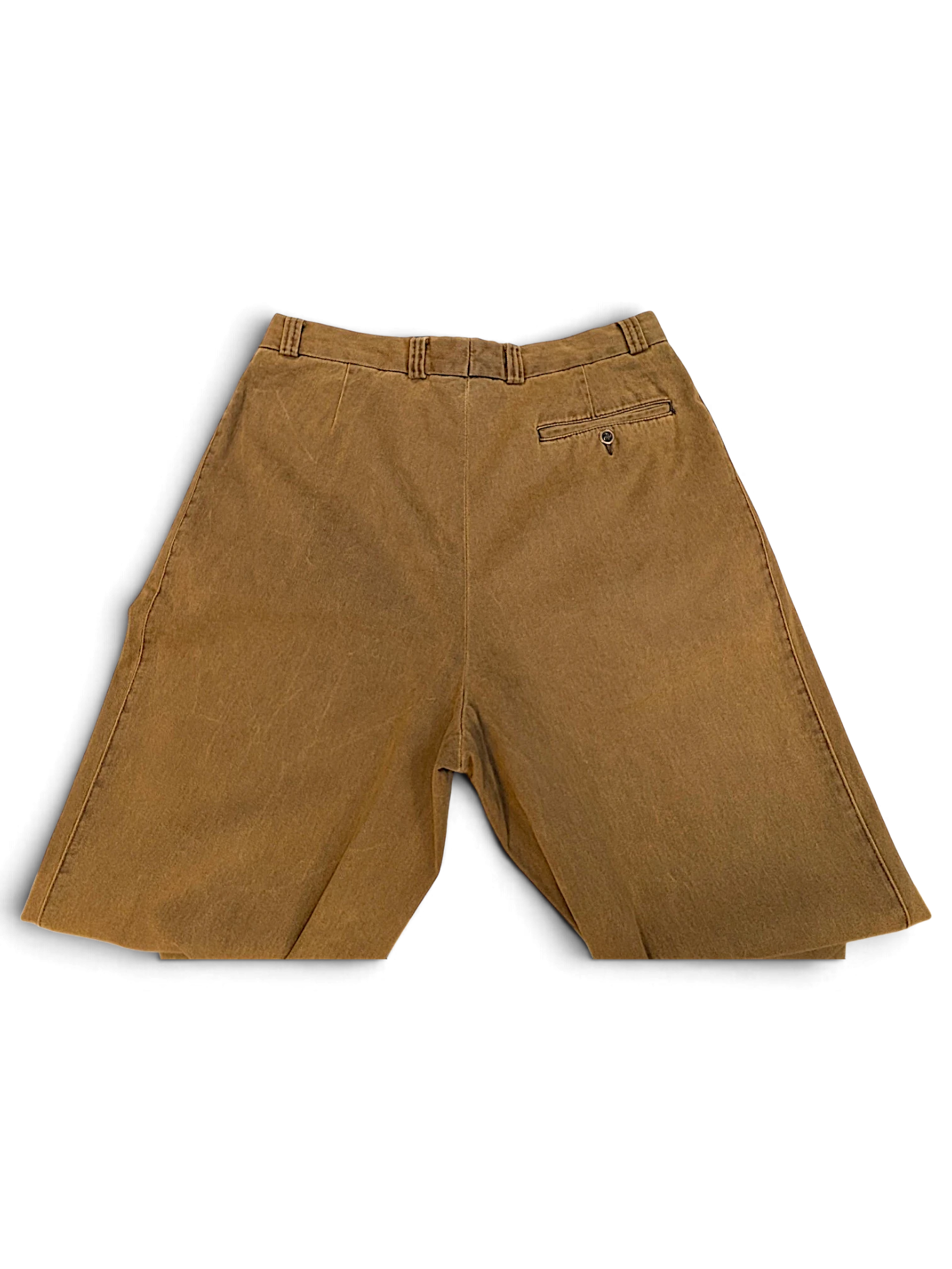 JAKE & IPI Tivoli vintage brown pleated trousers, back view showing buttoned pocket and waistband detail.
