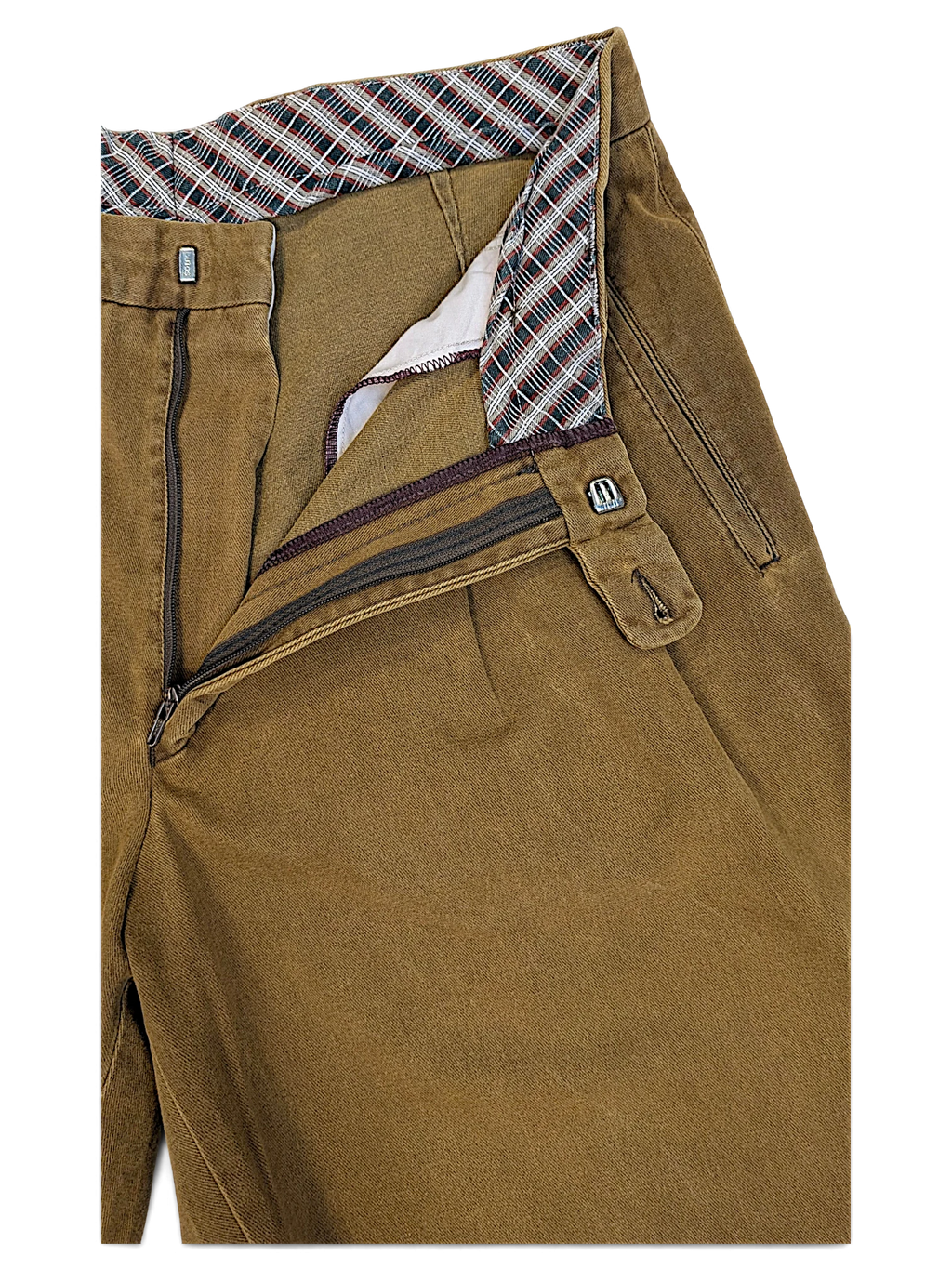 JAKE & IPI Tivoli vintage brown pleated trousers with a plaid waistband lining and front zip closure